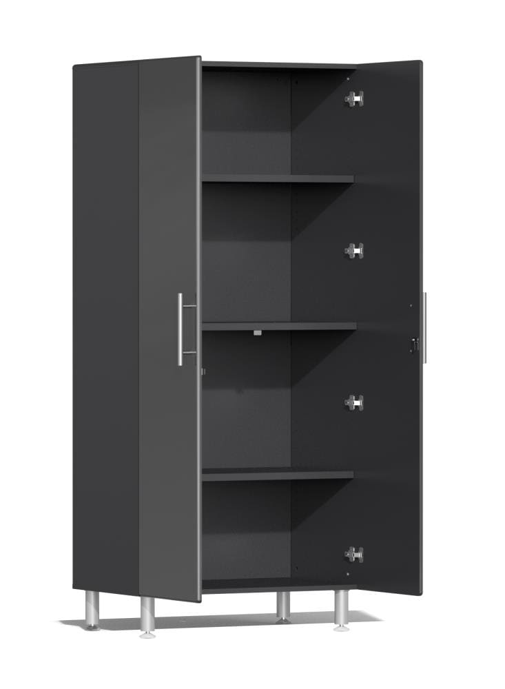 Sistema de almacenamiento para garaje Ulti-MATE 82.7 pulgadas de ancho x 80 pulgadas de alto x 21 pulgadas de profundidad con 5 gabinetes de madera compuesta, frente metálico de color gris grafito sobre caja gris - Modelo UG22050G