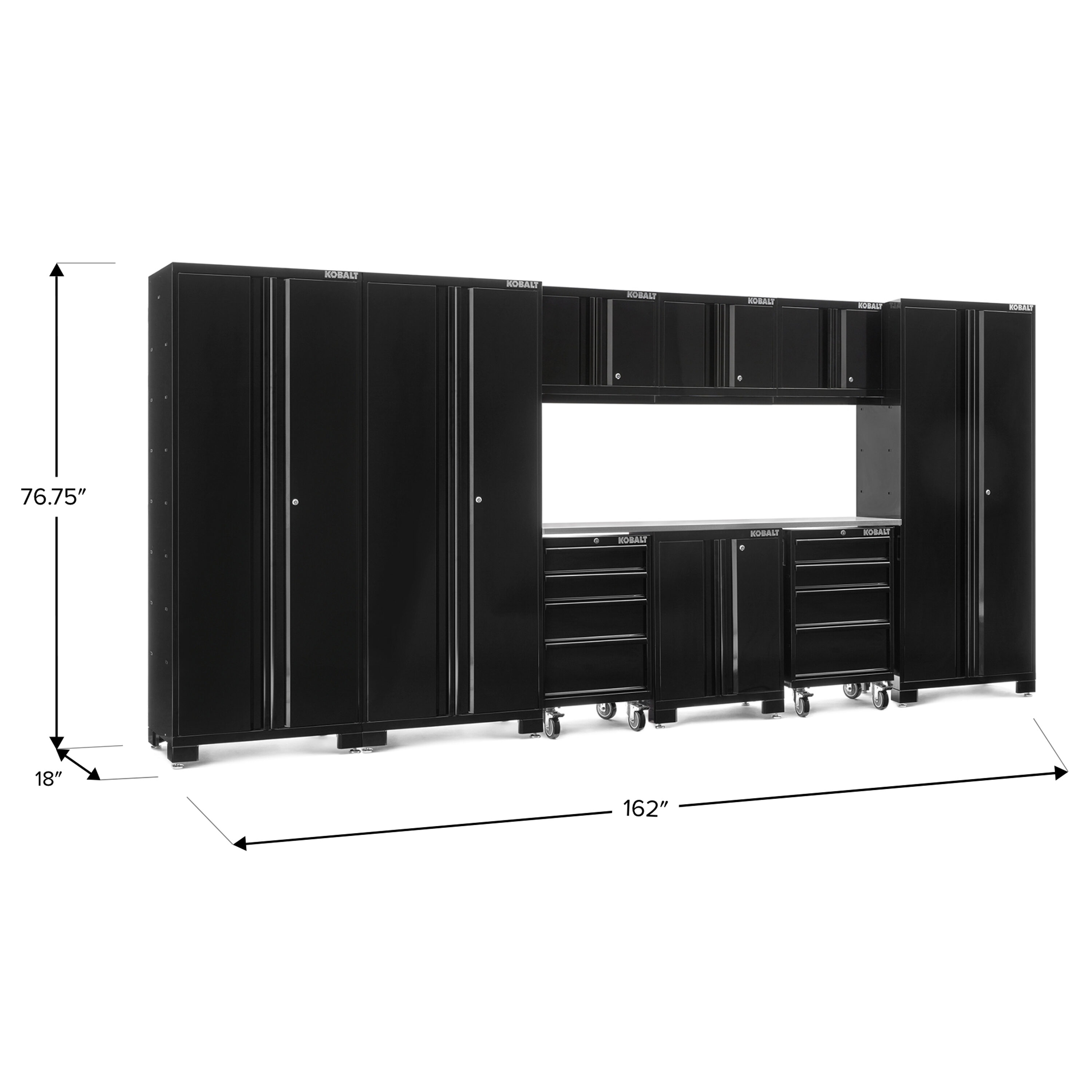 Sistema de almacenamiento para garage de acero negro Kobalt de 162 pulgadas de ancho x 76 pulgadas de alto x 18 pulgadas de profundidad con 9 gabinetes: 53968