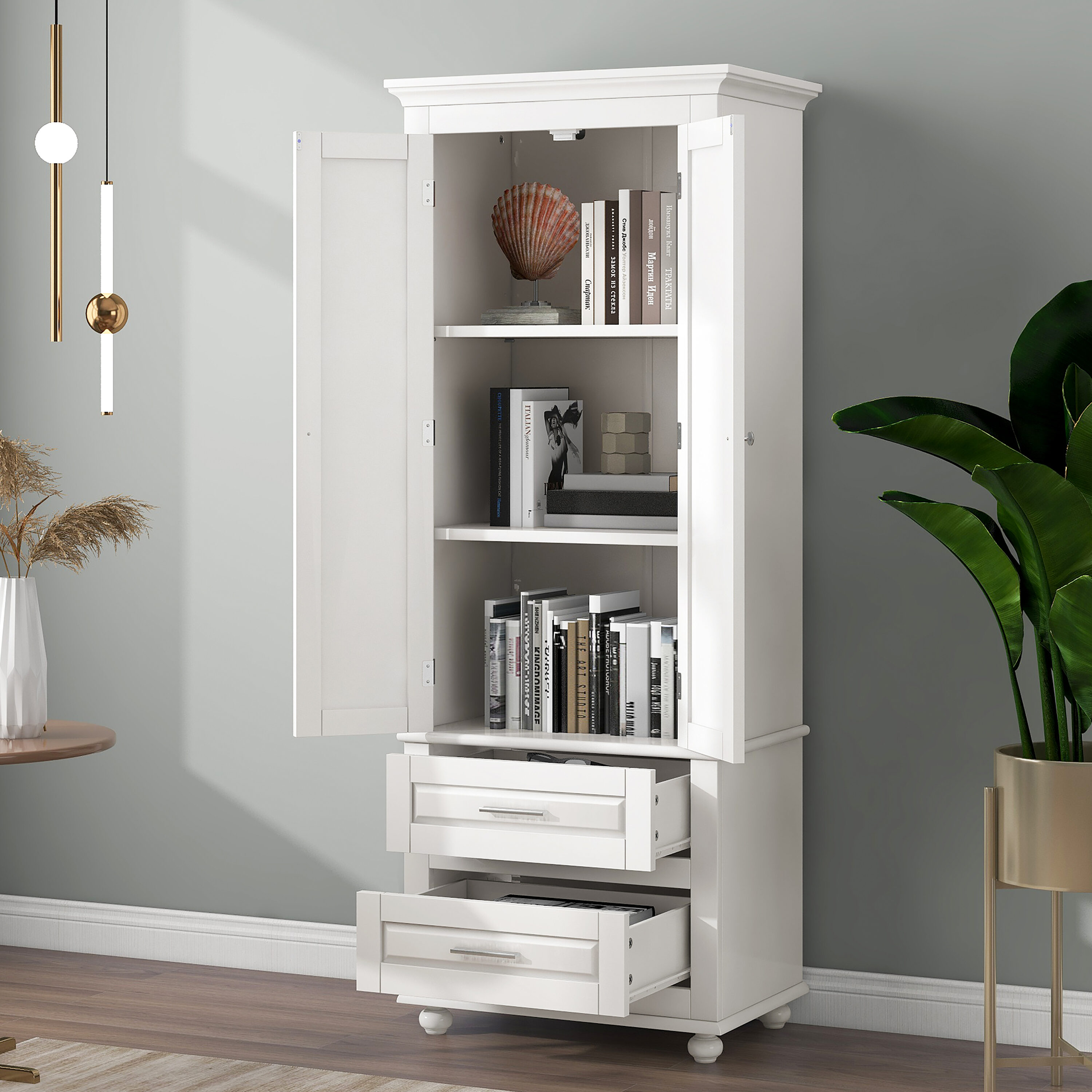 Gabinete de almacenamiento utilitario montado en la pared blanco de compuesto de madera de 15.7 pulgadas de ancho x 62.5 pulgadas de alto ModernLuxe L-WF299284AAK