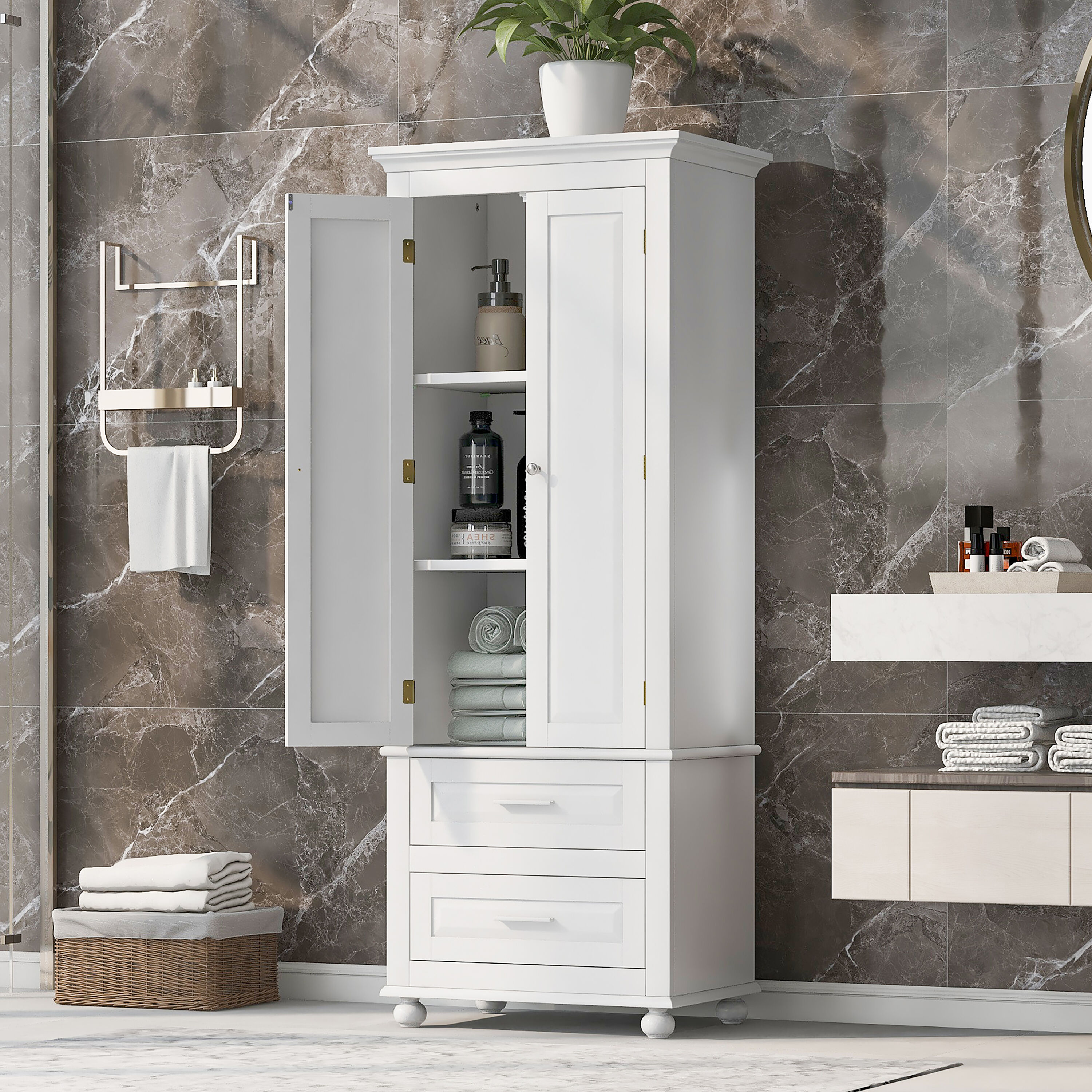 Gabinete de almacenamiento utilitario montado en la pared blanco de compuesto de madera de 15.7 pulgadas de ancho x 62.5 pulgadas de alto ModernLuxe L-WF299284AAK