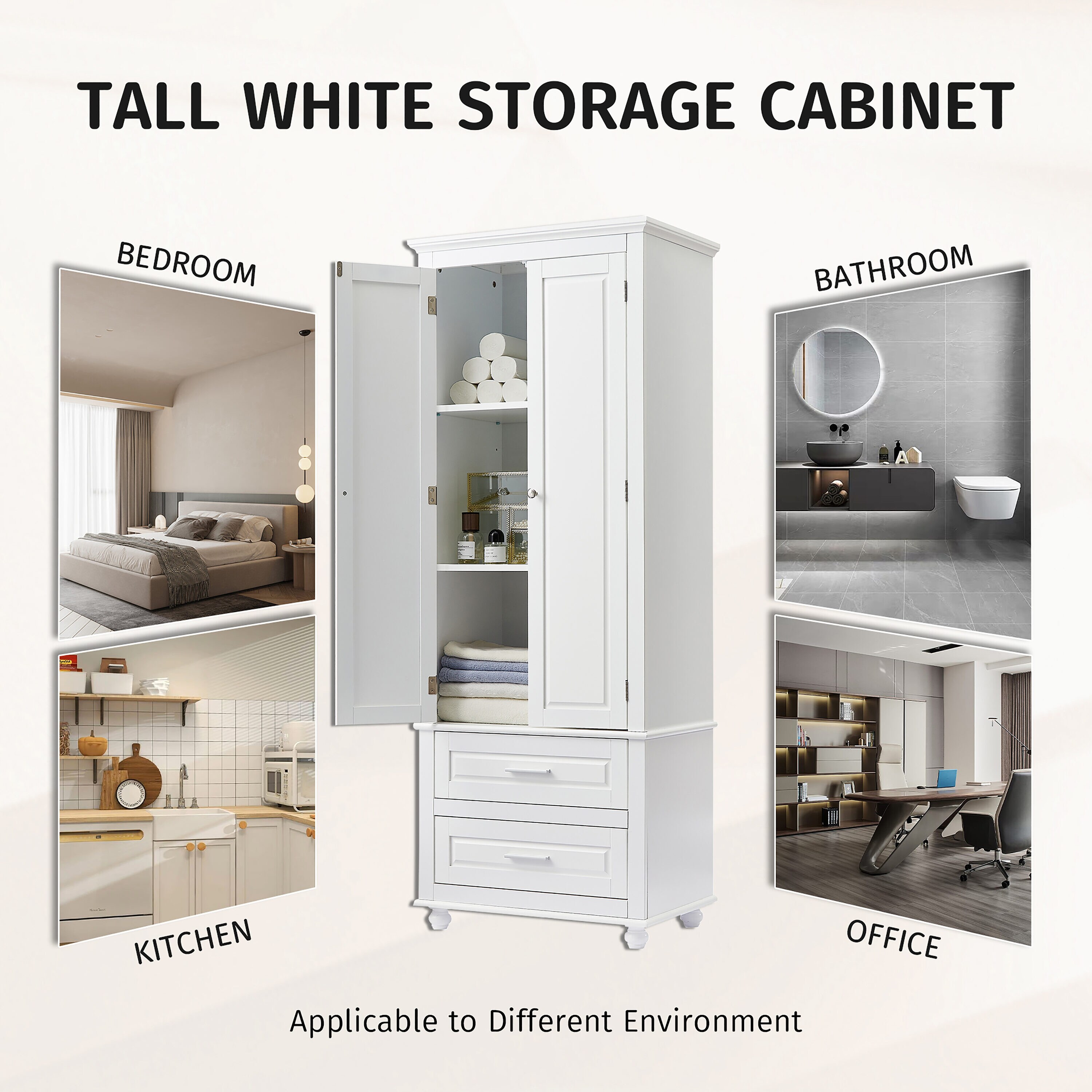 Gabinete de almacenamiento utilitario montado en la pared blanco de compuesto de madera de 15.7 pulgadas de ancho x 62.5 pulgadas de alto ModernLuxe L-WF299284AAK