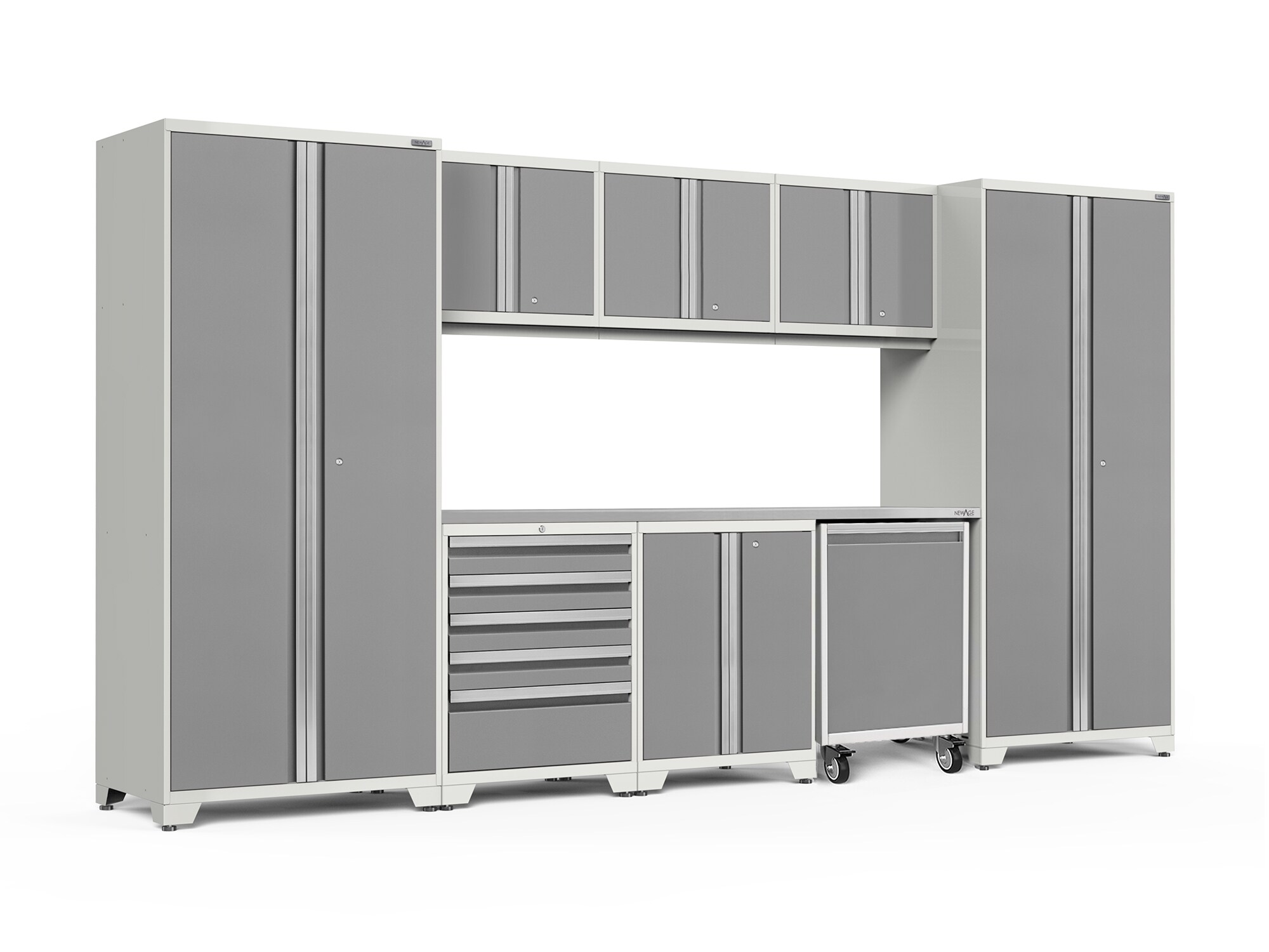 Sistema de almacenamiento para garage de acero platino con 8 gabinetes de NewAge Products, 156 pulgadas de ancho x 84.75 pulgadas de alto x 24 pulgadas de profundidad 56856