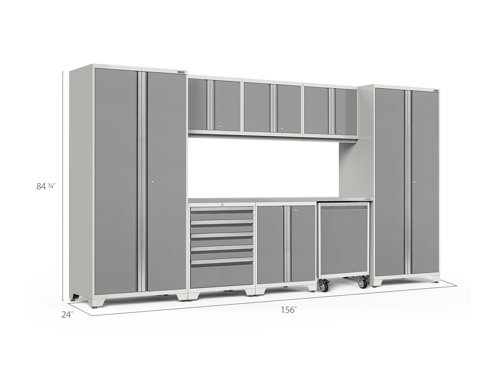 Sistema de almacenamiento para garage de acero platino con 8 gabinetes de NewAge Products, 156 pulgadas de ancho x 84.75 pulgadas de alto x 24 pulgadas de profundidad 56856
