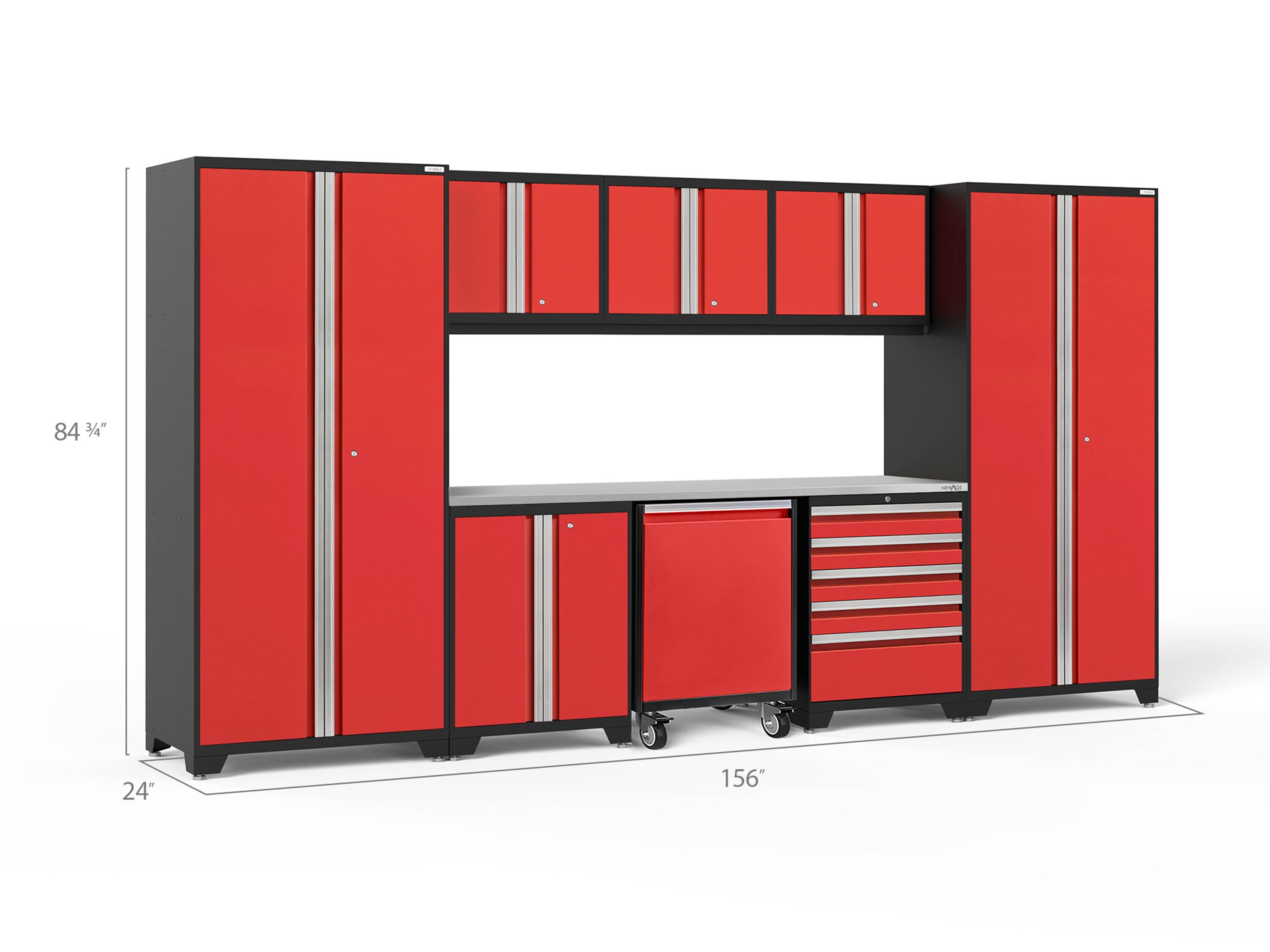 Sistema de almacenamiento para garaje en rojo profundo de acero con 8 gabinetes de 156 pulgadas de ancho x 84.75 pulgadas de alto x 24 pulgadas de profundidad de NewAge Products 56854