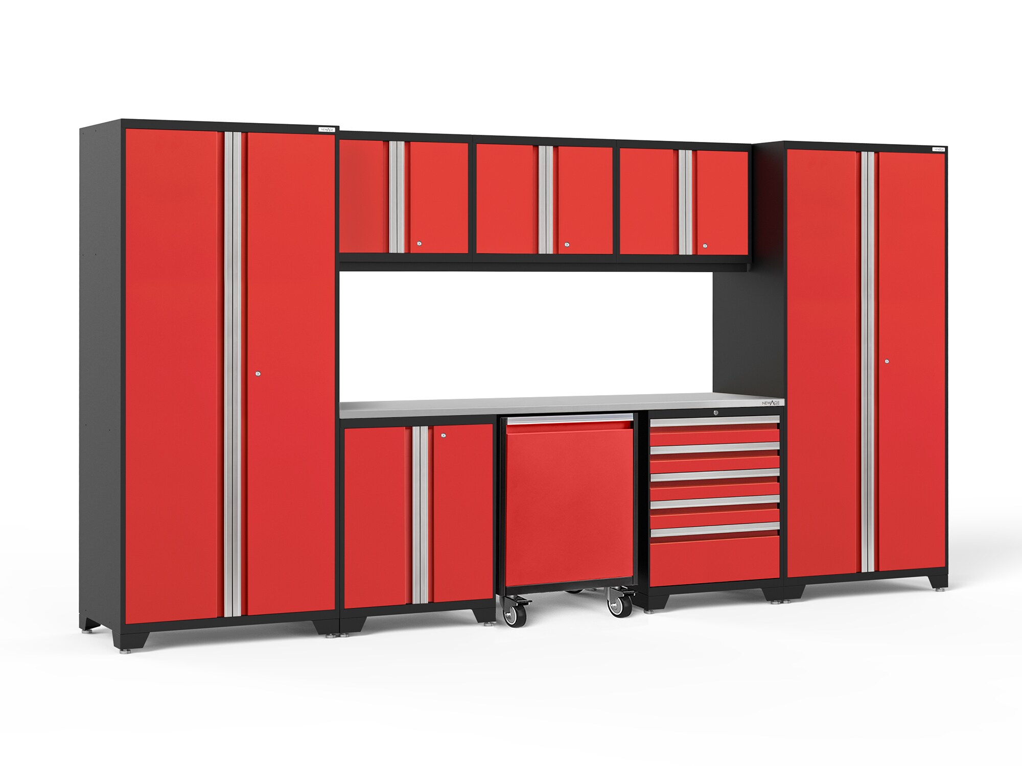 Sistema de almacenamiento para garaje en rojo profundo de acero con 8 gabinetes de 156 pulgadas de ancho x 84.75 pulgadas de alto x 24 pulgadas de profundidad de NewAge Products 56854