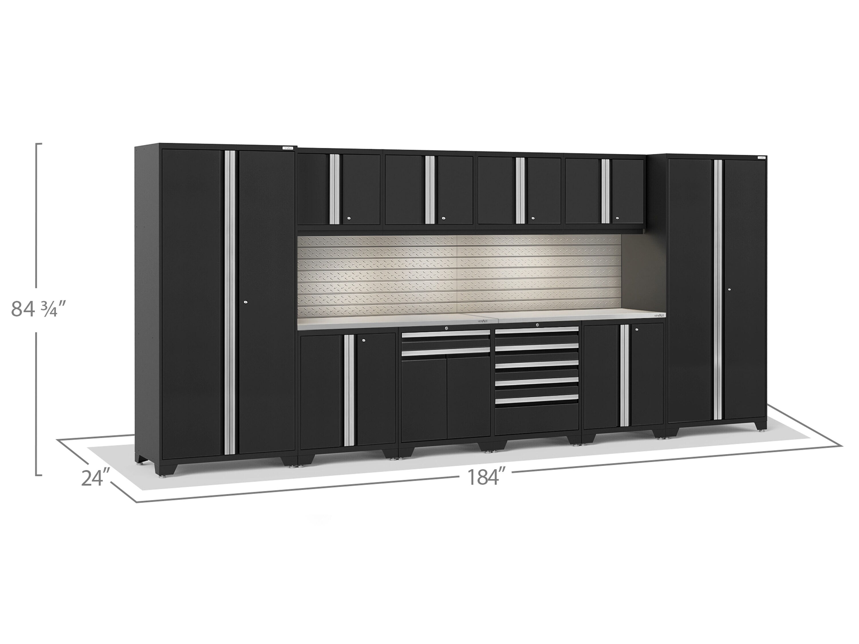 Nuevo sistema de almacenamiento para garaje de acero negro con 10 gabinetes de 184 pulgadas de ancho x 84.75 pulgadas de alto x 24 pulgadas de profundidadProductos NewAge 64291