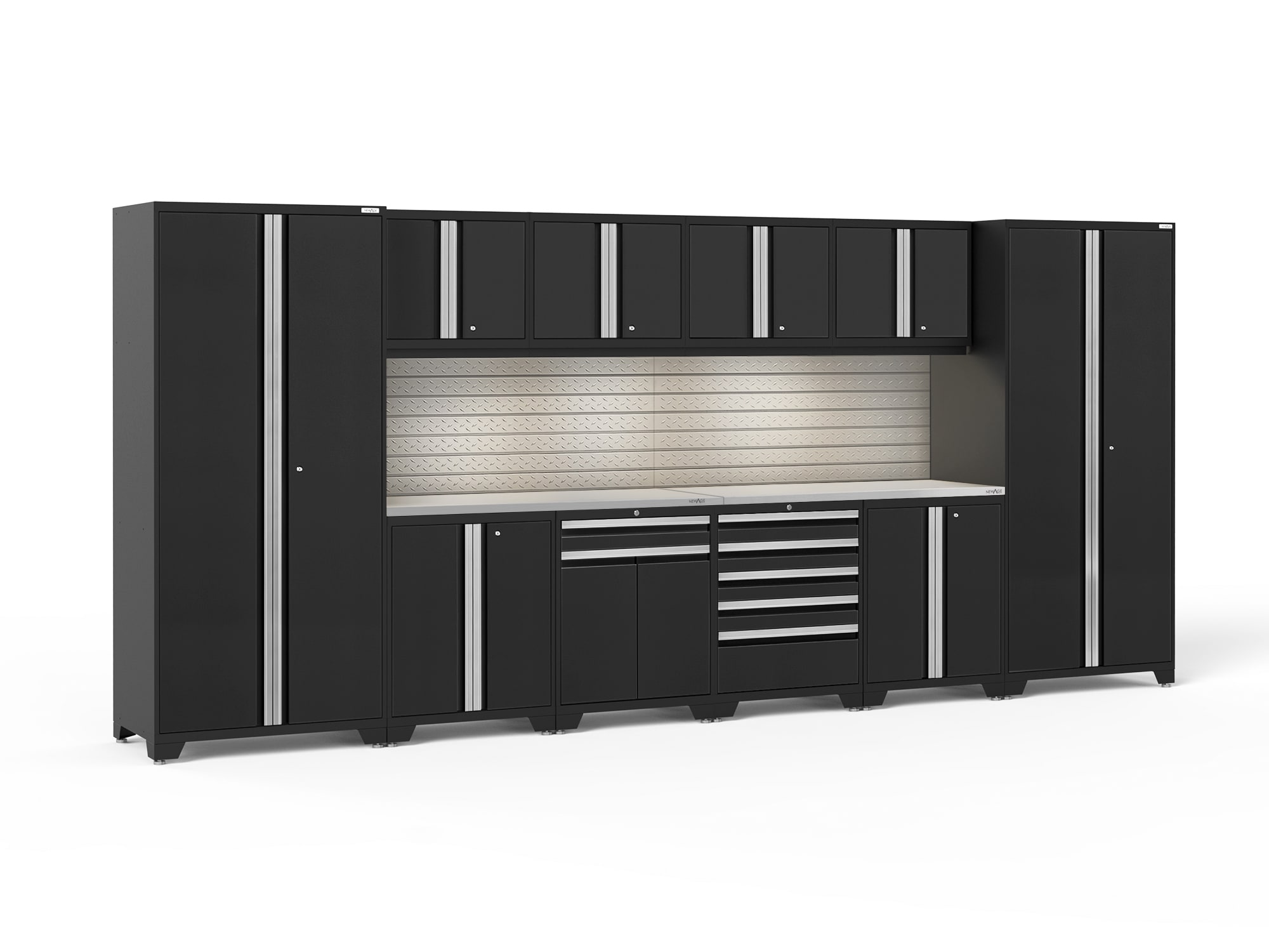 Nuevo sistema de almacenamiento para garaje de acero negro con 10 gabinetes de 184 pulgadas de ancho x 84.75 pulgadas de alto x 24 pulgadas de profundidadProductos NewAge 64291
