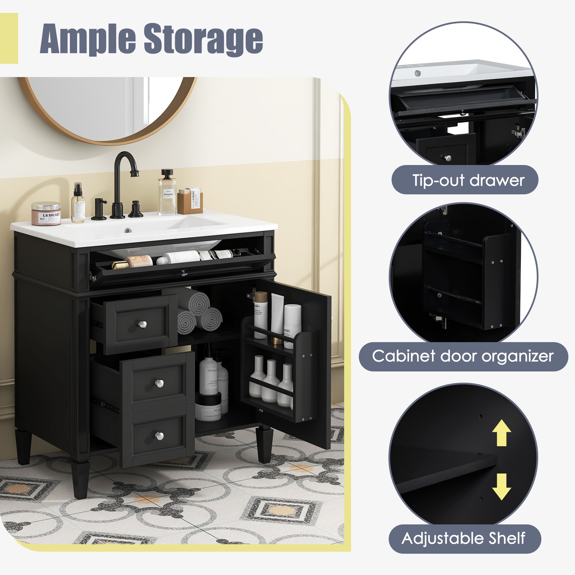 Gabinete de almacenamiento independiente de madera negra ZAKLOOP 18.3 pulgadas de ancho x 33.8 pulgadas de alto