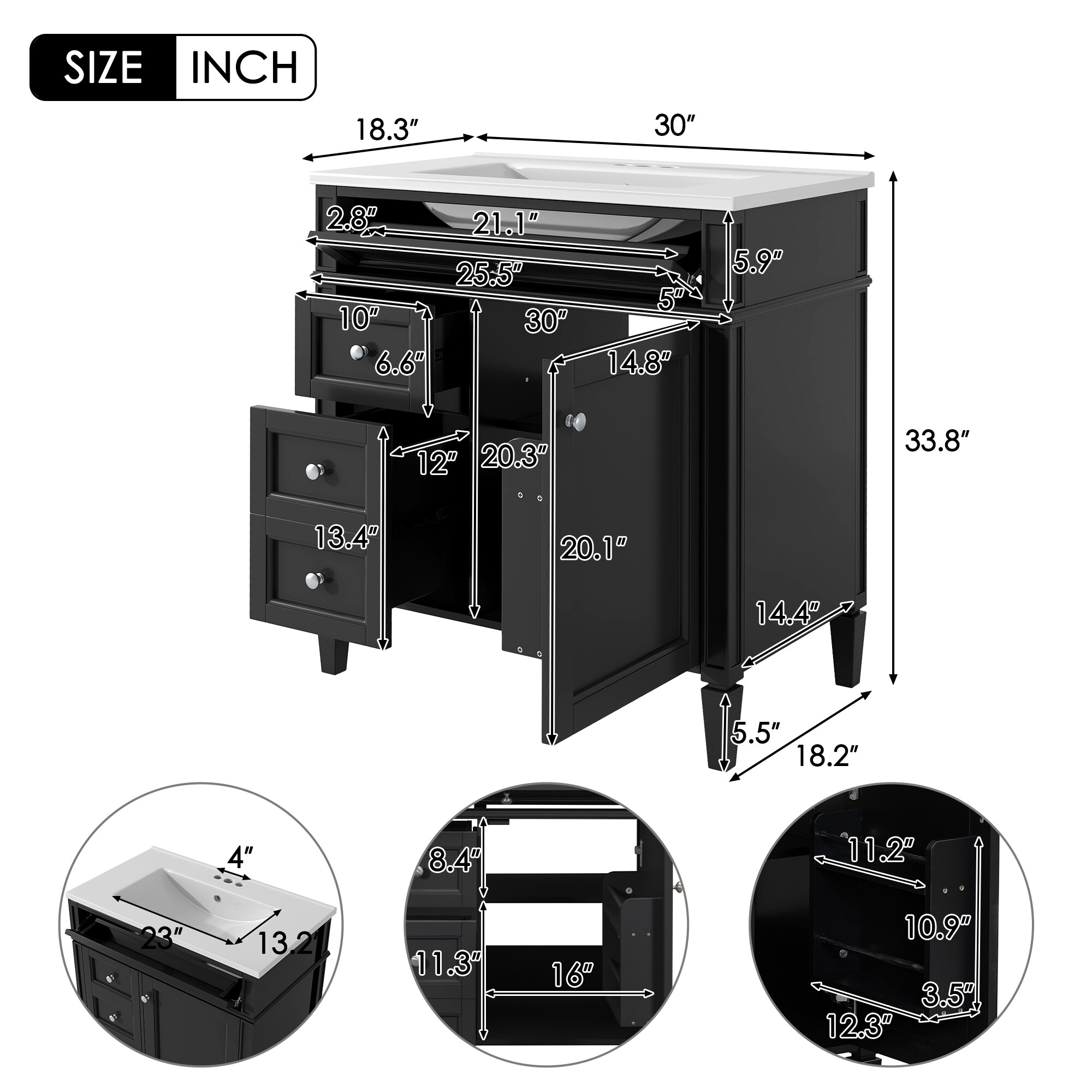 Gabinete de almacenamiento independiente de madera negra ZAKLOOP 18.3 pulgadas de ancho x 33.8 pulgadas de alto