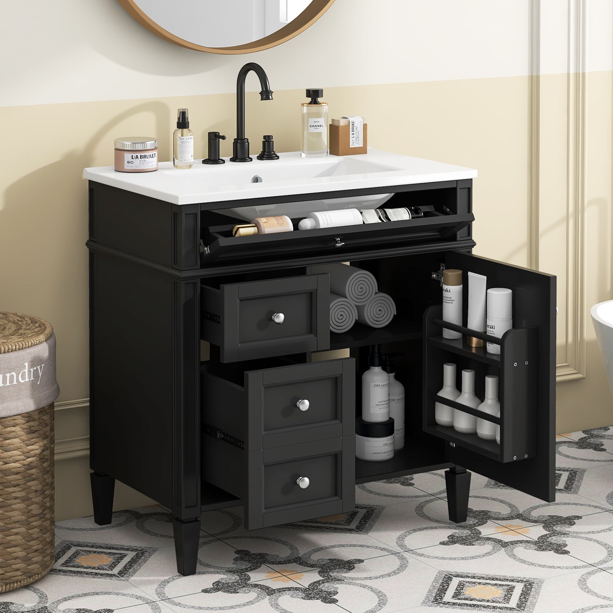 Gabinete de almacenamiento independiente de madera negra ZAKLOOP 18.3 pulgadas de ancho x 33.8 pulgadas de alto