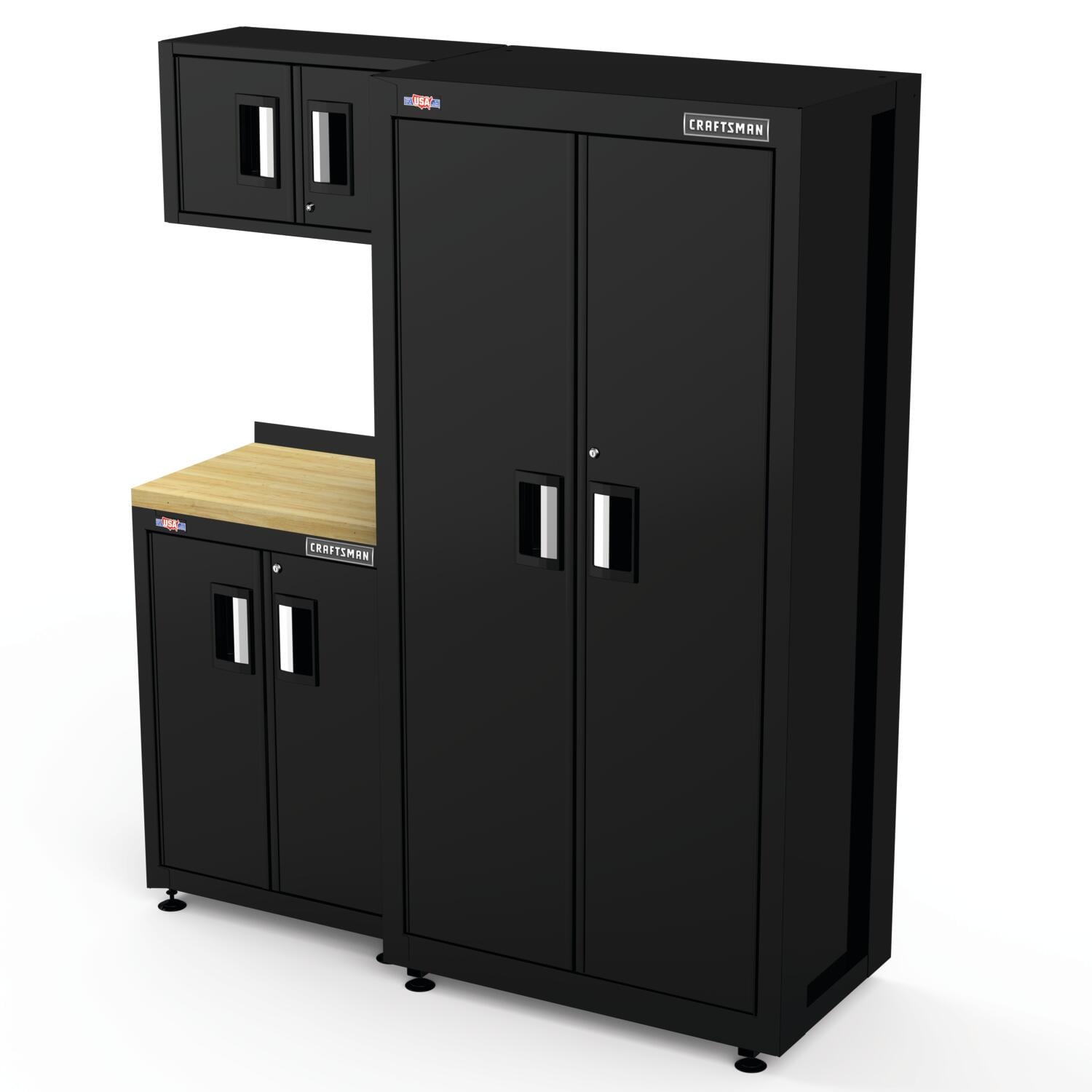 Sistema de almacenamiento para garaje de acero negro/suave CRAFTSMAN de 62.75 pulgadas de ancho x 74 pulgadas de alto x 21.5 pulgadas de profundidad con 3 gabinetes CMST98241BK
