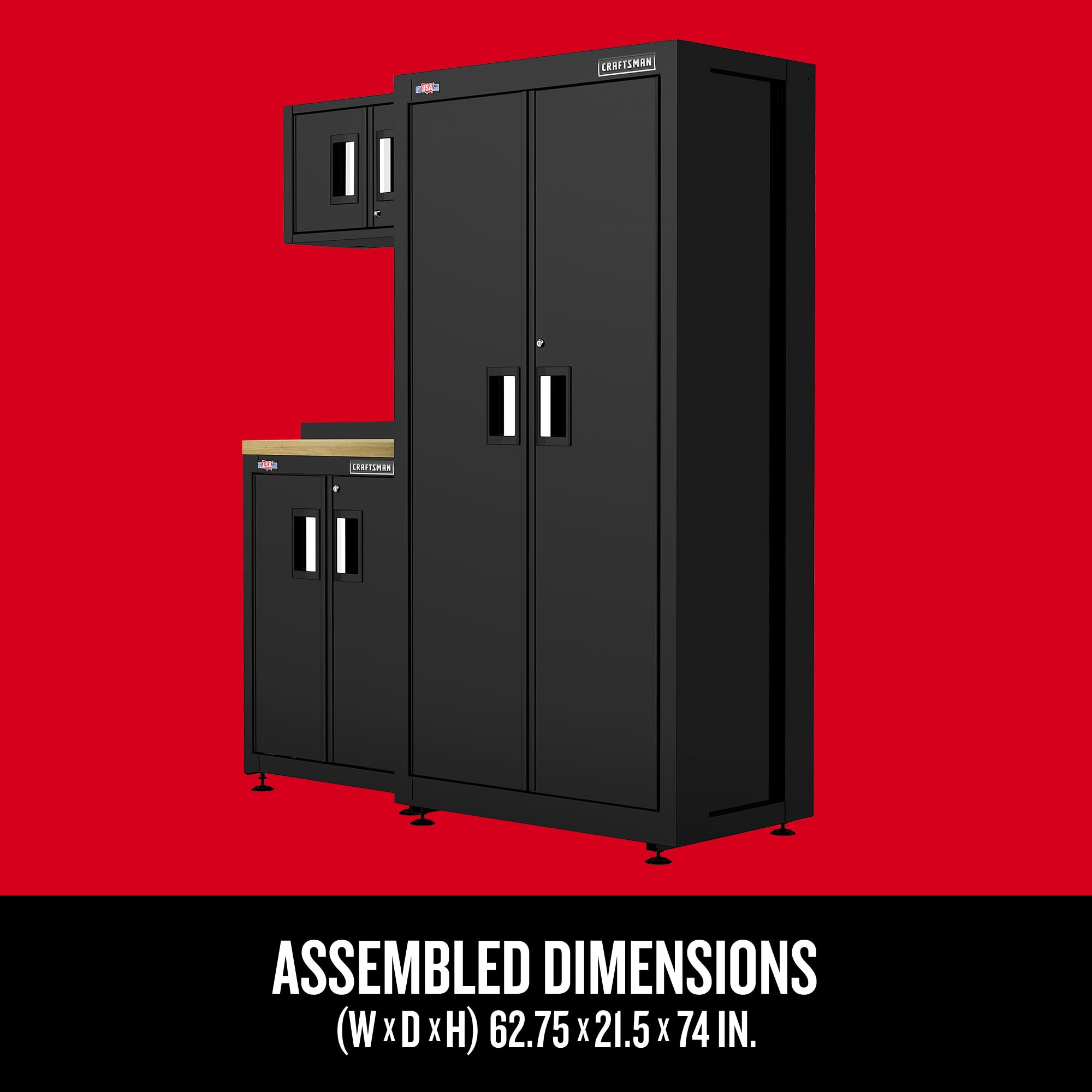 Sistema de almacenamiento para garaje de acero negro/suave CRAFTSMAN de 62.75 pulgadas de ancho x 74 pulgadas de alto x 21.5 pulgadas de profundidad con 3 gabinetes CMST98241BK