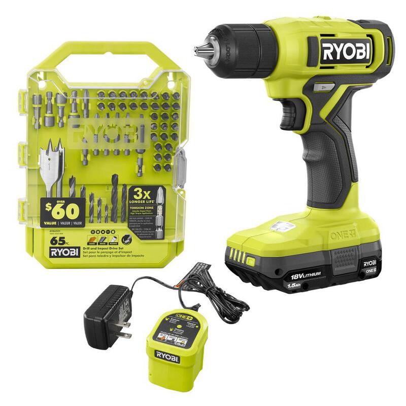 Set de taladro/destornillador inalámbrico RYOBI ONE+ de 18V con broca de 3/8 pulgadas, batería de 1.5 Ah, cargador y set de puntas para taladro y manejo (65 piezas) - PCL201K1-A986501