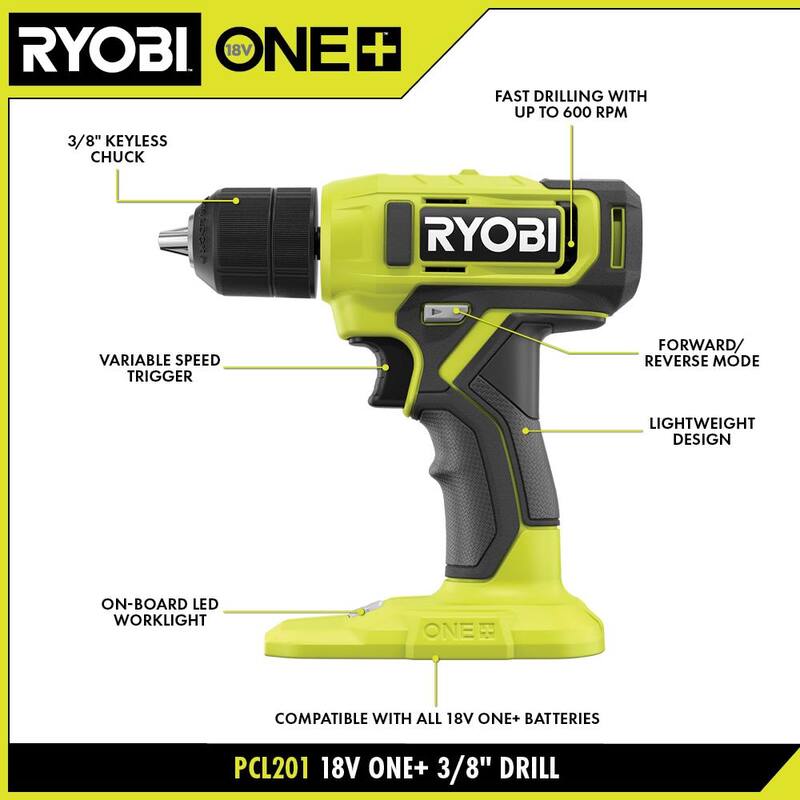 Set de taladro/destornillador inalámbrico RYOBI ONE+ de 18V con broca de 3/8 pulgadas, batería de 1.5 Ah, cargador y set de puntas para taladro y manejo (65 piezas) - PCL201K1-A986501
