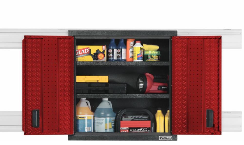 Gabinete de pared montado en la pared Gladiator Premier Wall GearBox de acero de 30 pulgadas de ancho x 30 pulgadas de alto x 12 pulgadas de profundidad en rojo GAWG302DDR.