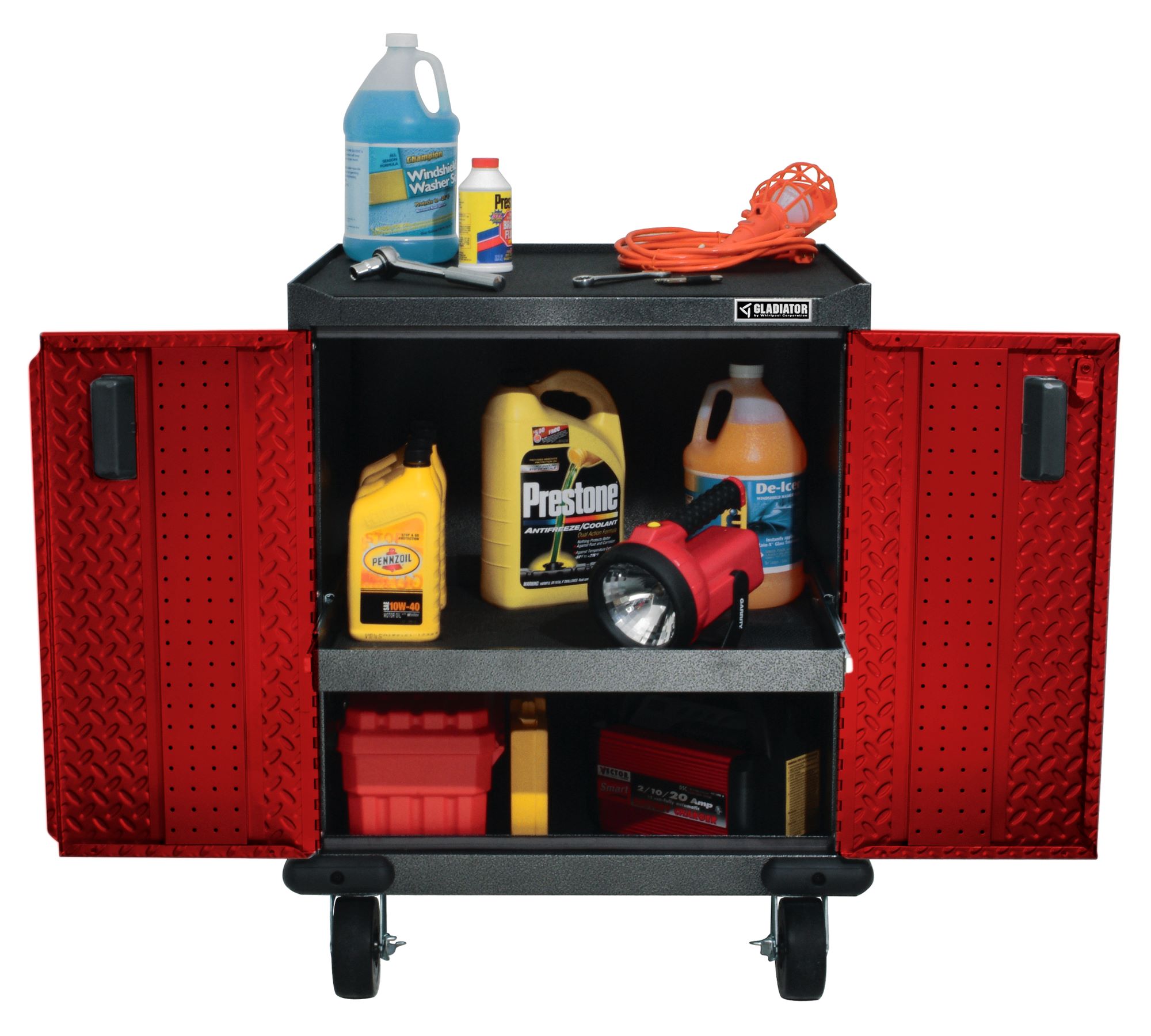 Gabinete de garaje de acero, independiente o montado en la pared, en rojo, Gladiator Premier Tall GearBox 30.0 pulgadas de ancho x 65.25 pulgadas de alto x 18.0 pulgadas de profundidad.