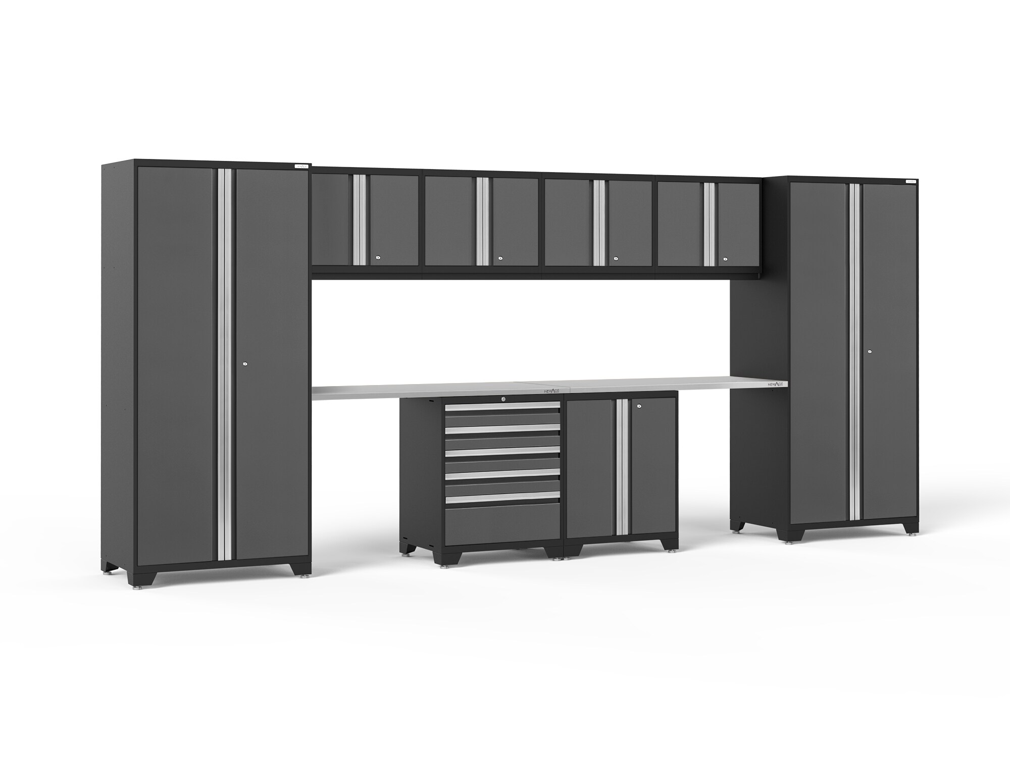 Sistema de almacenamiento para garaje de acero con 8 gabinetes en color gris carbón de 184 pulgadas de ancho x 84.75 pulgadas de alto x 24 pulgadas de profundidad de NewAge Products 52054