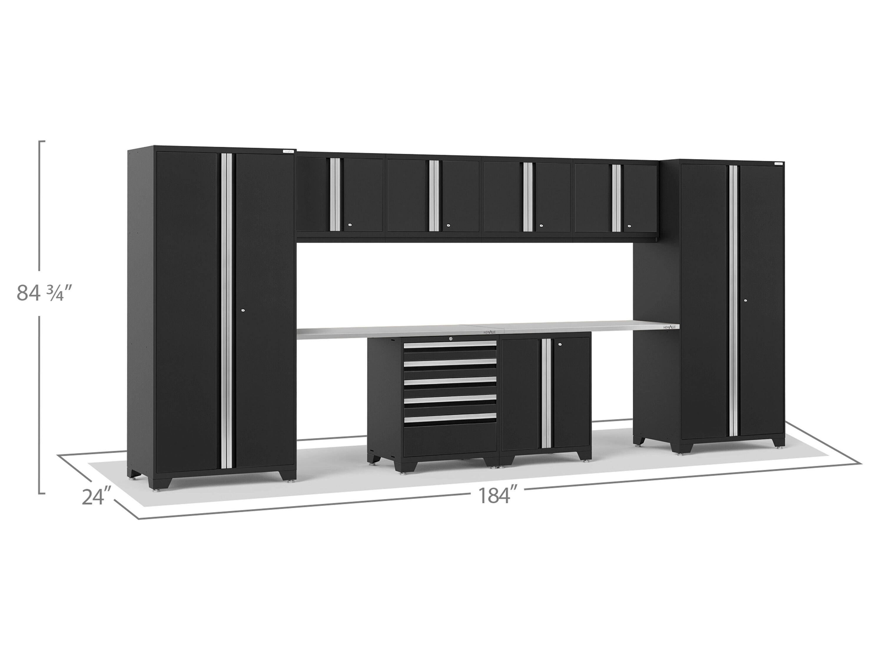 Sistema de almacenamiento para garaje de acero Platinum con 8 gabinetes de NewAge Products, 184 pulgadas de ancho x 84.75 pulgadas de alto x 24 pulgadas de profundidad