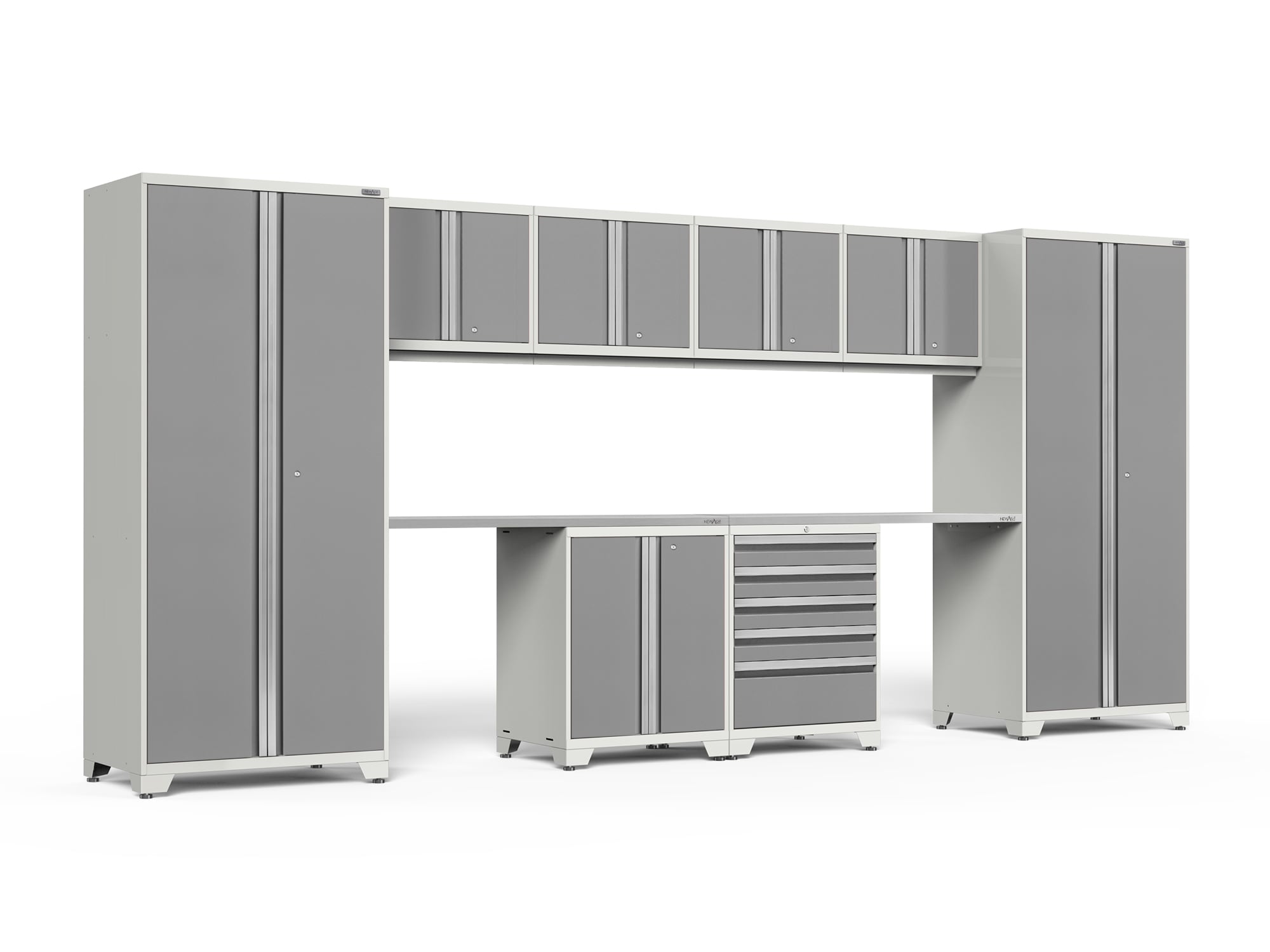 Sistema de almacenamiento para garaje de acero Platinum con 8 gabinetes de NewAge Products, 184 pulgadas de ancho x 84.75 pulgadas de alto x 24 pulgadas de profundidad