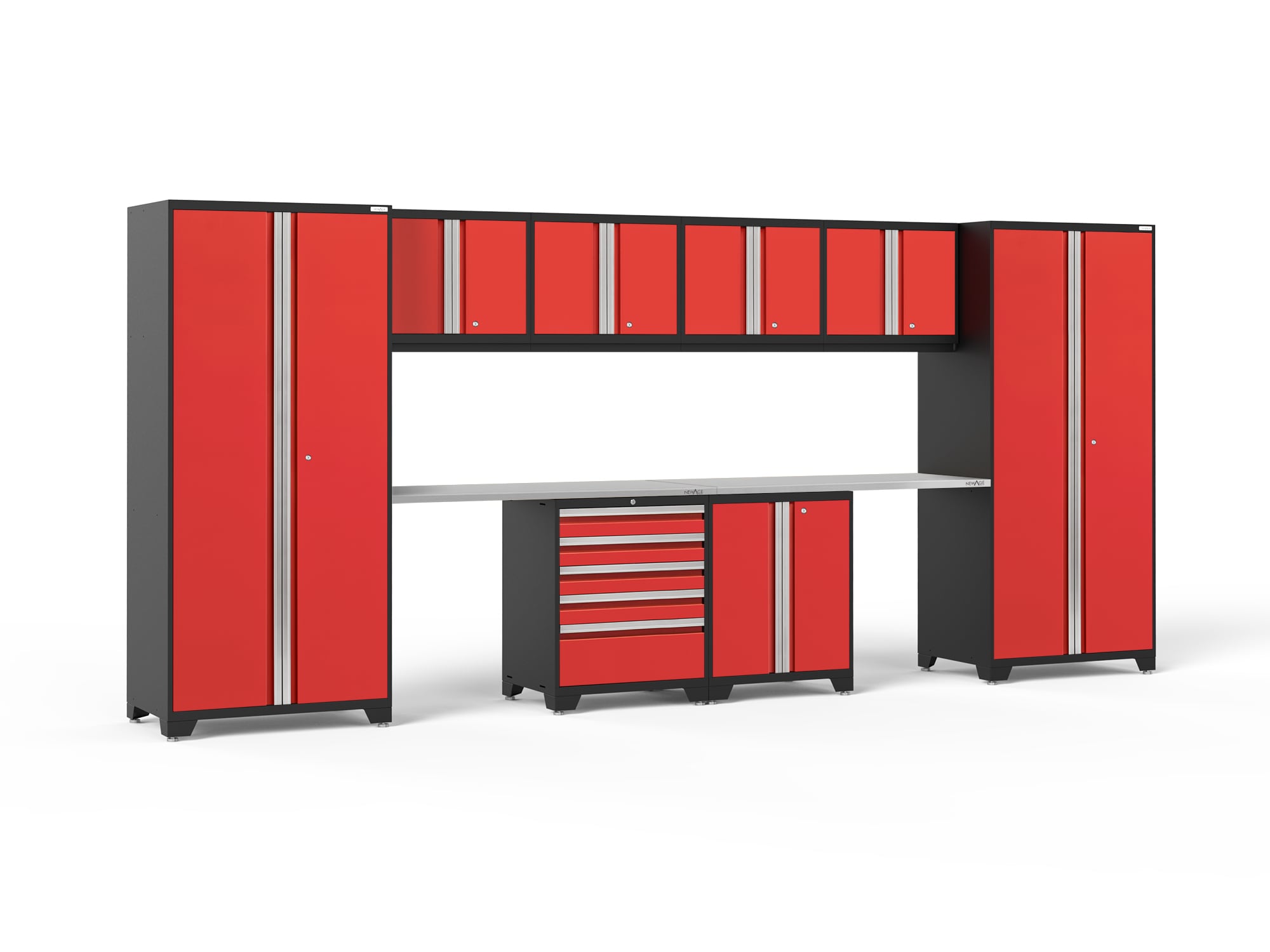 Sistema de almacenamiento para garaje en acero profundo rojo de 8 gabinetes NewAge Products de 184 pulgadas de ancho x 84.75 pulgadas de alto x 24 pulgadas de profundidad