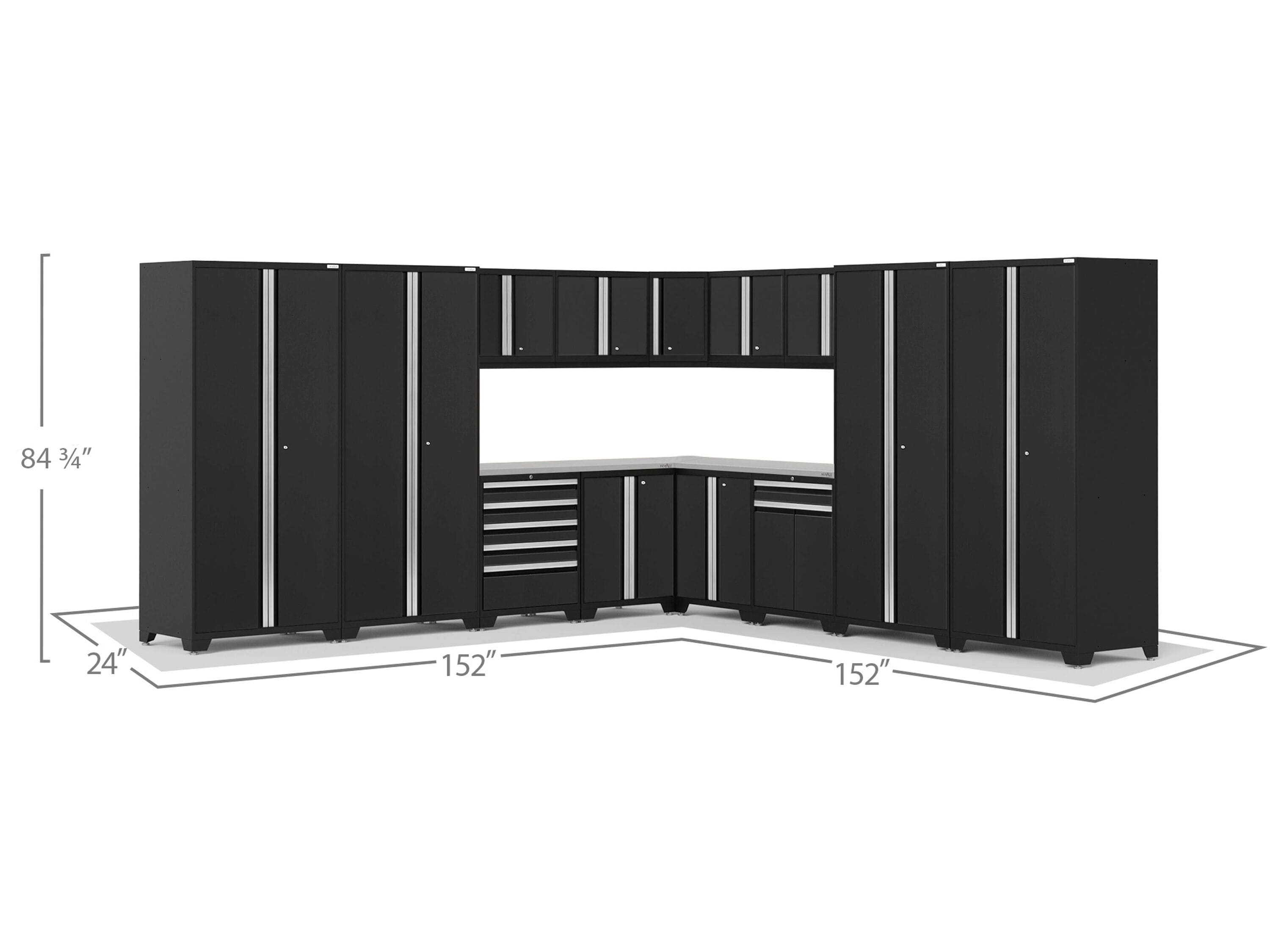 Sistema de almacenamiento para garaje de acero negro, 13 gabinetes, 304 pulgadas de ancho x 84.75 pulgadas de alto x 24 pulgadas de profundidad de NewAge Products.