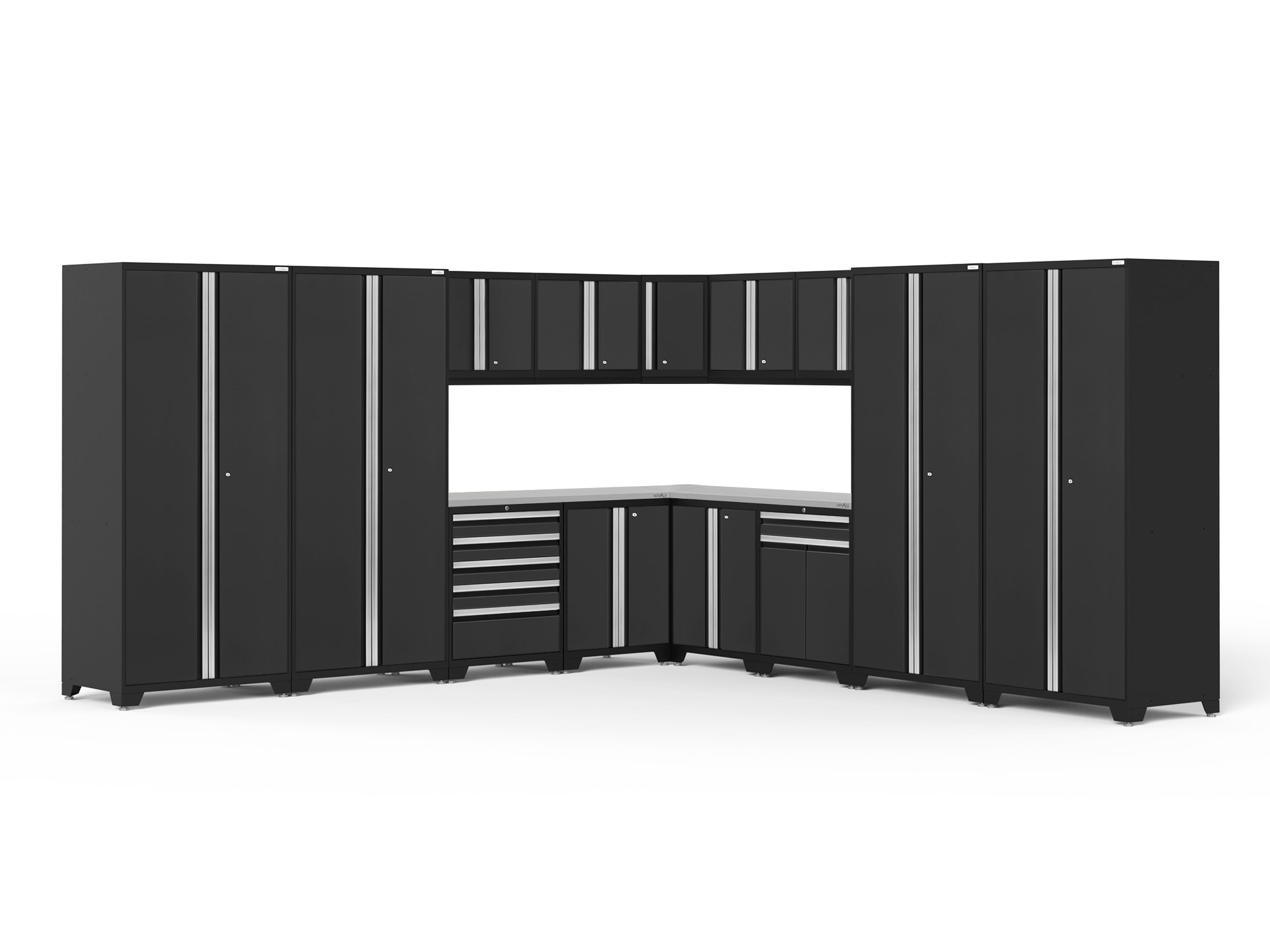 Sistema de almacenamiento para garaje de acero negro, 13 gabinetes, 304 pulgadas de ancho x 84.75 pulgadas de alto x 24 pulgadas de profundidad de NewAge Products.