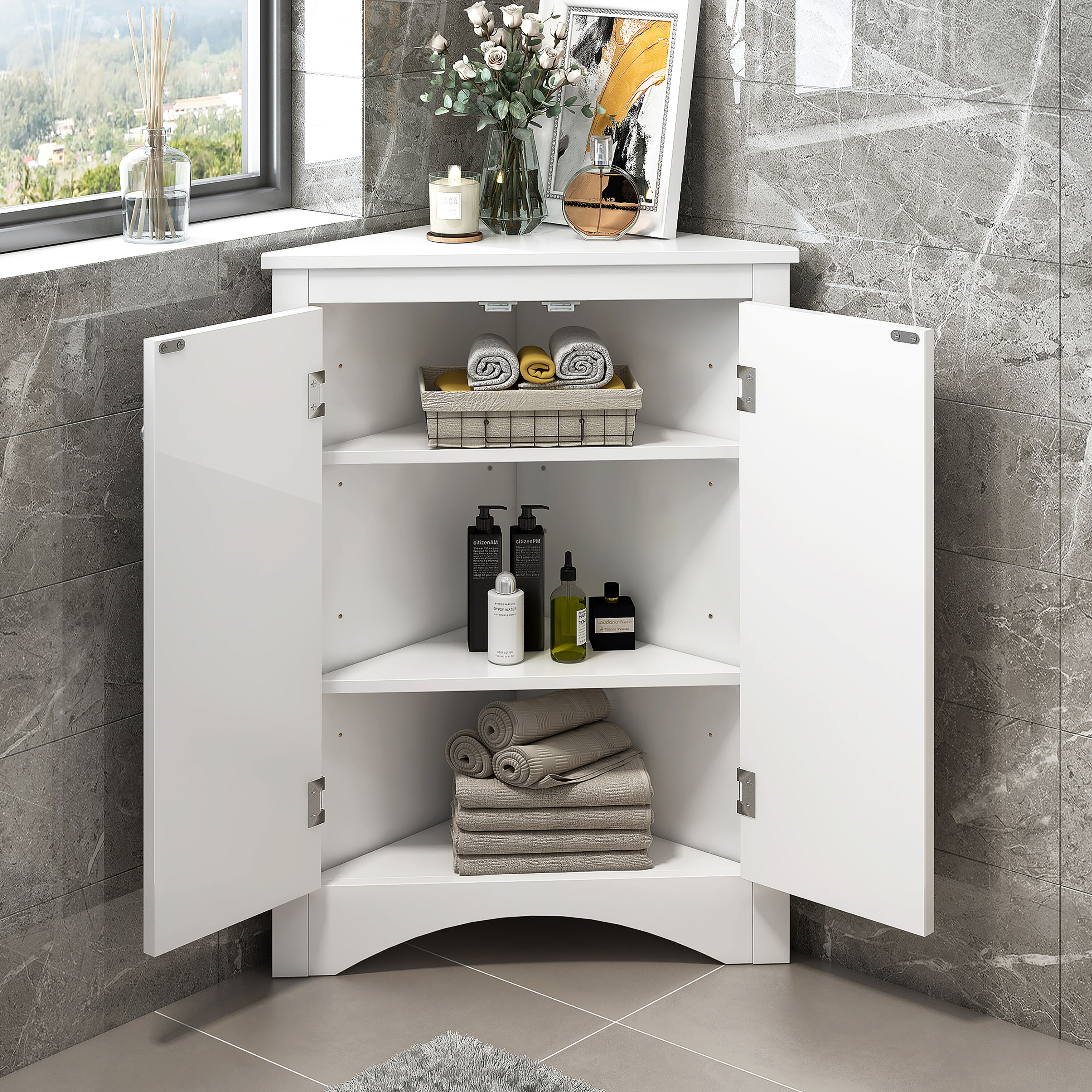 Gabinete de almacenamiento utilitario montado en la pared de composite de madera blanco ModernLuxe de 17.2 pulgadas de ancho x 31.5 pulgadas de alto L-WF291467AAK