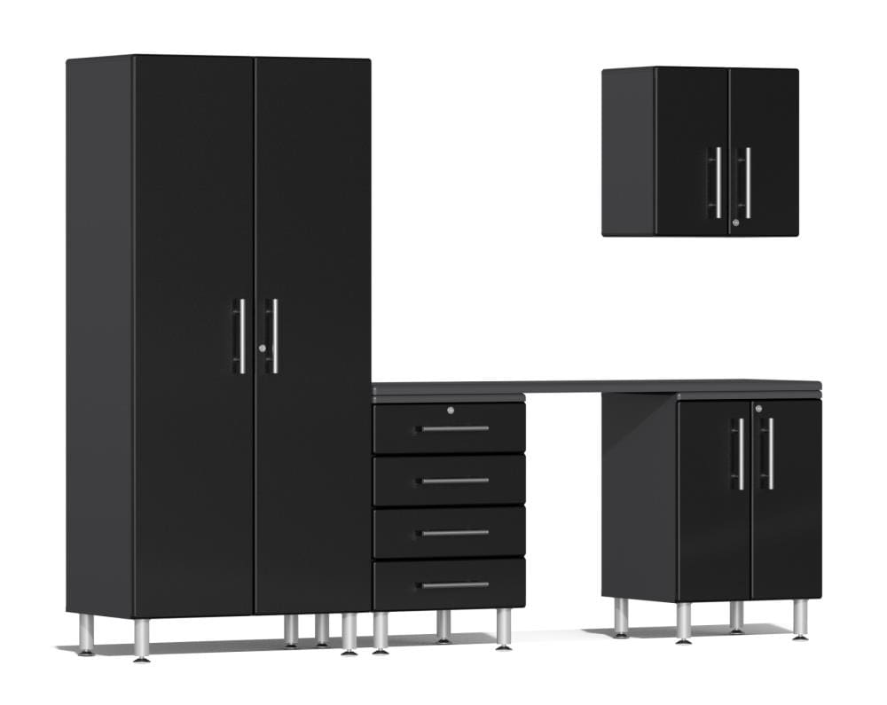 Sistema de almacenamiento para garaje con gabinete negro metálico sobre gris Ulti-MATE 106.3 pulgadas de ancho x 80 pulgadas de alto x 21 pulgadas de profundidad con 4 gabinetes de madera compuesta UG22051B