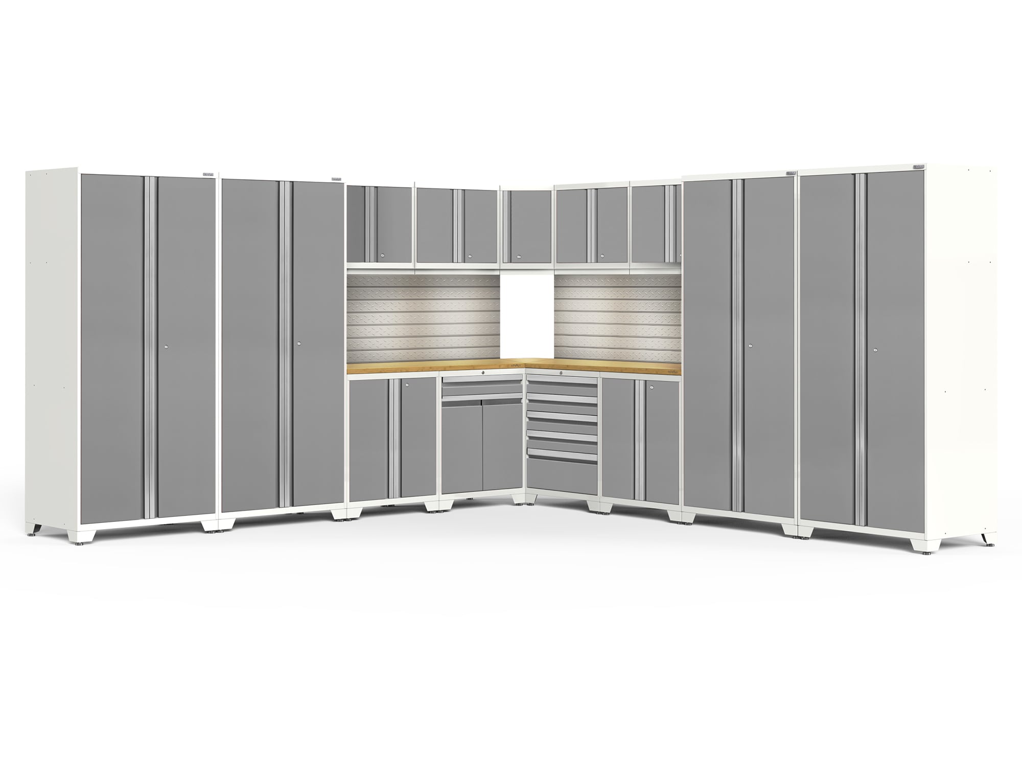 Sistema de almacenamiento de garaje de acero Platinum con 13 gabinetes de NewAge Products de 304 pulgadas de ancho x 84.75 pulgadas de alto x 24 pulgadas de profundidad 58936.
