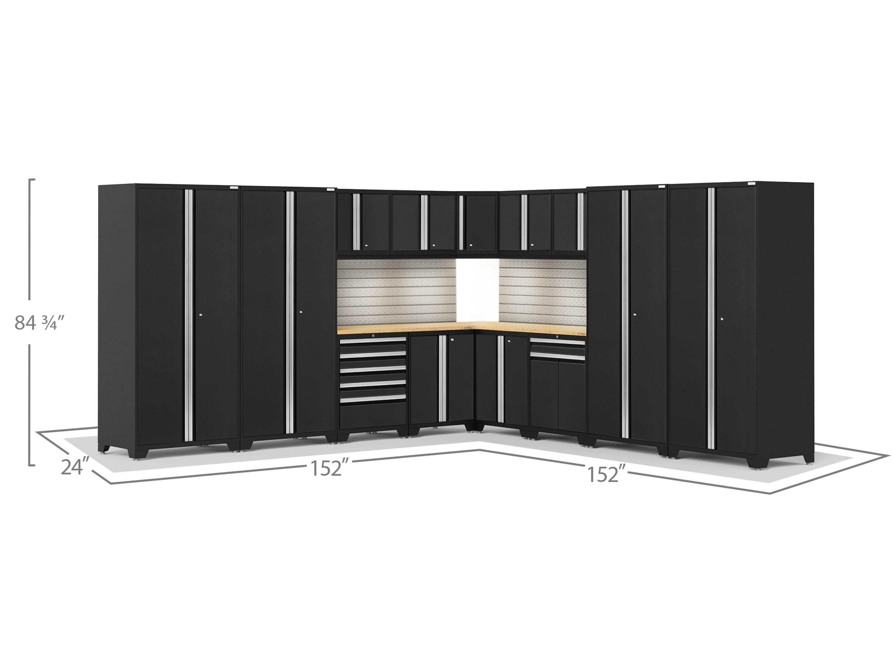 Sistema de almacenamiento de garaje de acero Platinum con 13 gabinetes de NewAge Products de 304 pulgadas de ancho x 84.75 pulgadas de alto x 24 pulgadas de profundidad 58936.