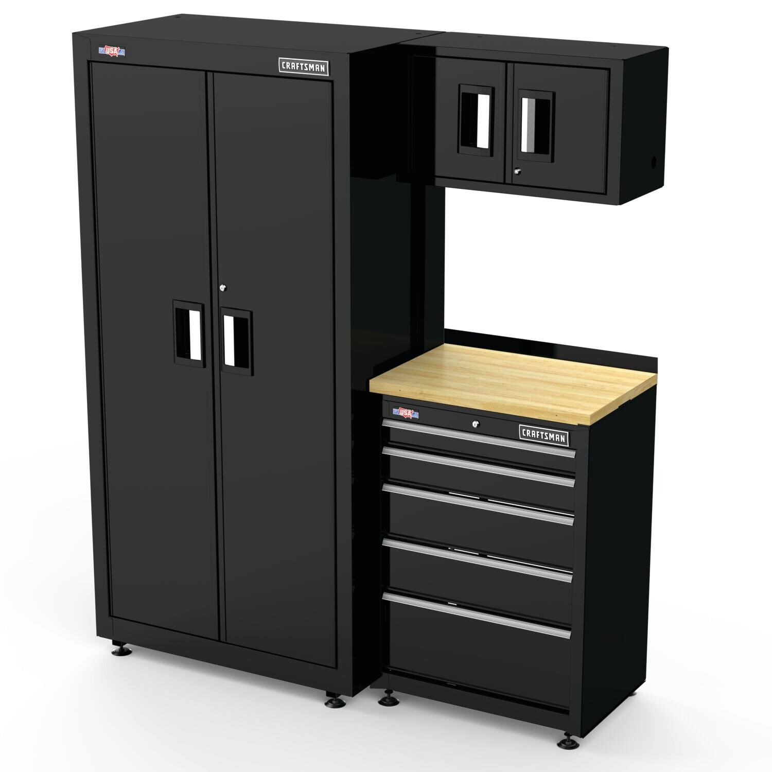 Sistema de almacenamiento para garaje CRAFTSMAN de acero negro suave con 2 gabinetes de 62.75 pulgadas de ancho x 74 pulgadas de alto x 21.5 pulgadas de profundidad CMST98240BK
