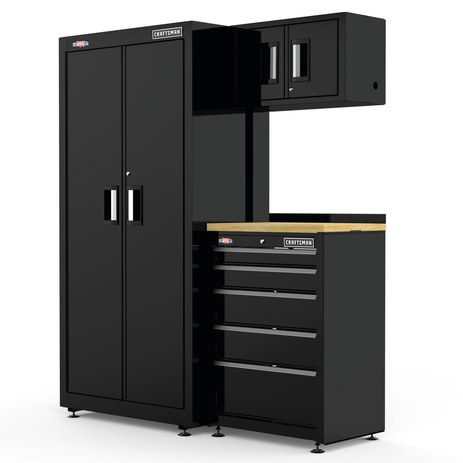 Sistema de almacenamiento para garaje CRAFTSMAN de acero negro suave con 2 gabinetes de 62.75 pulgadas de ancho x 74 pulgadas de alto x 21.5 pulgadas de profundidad CMST98240BK