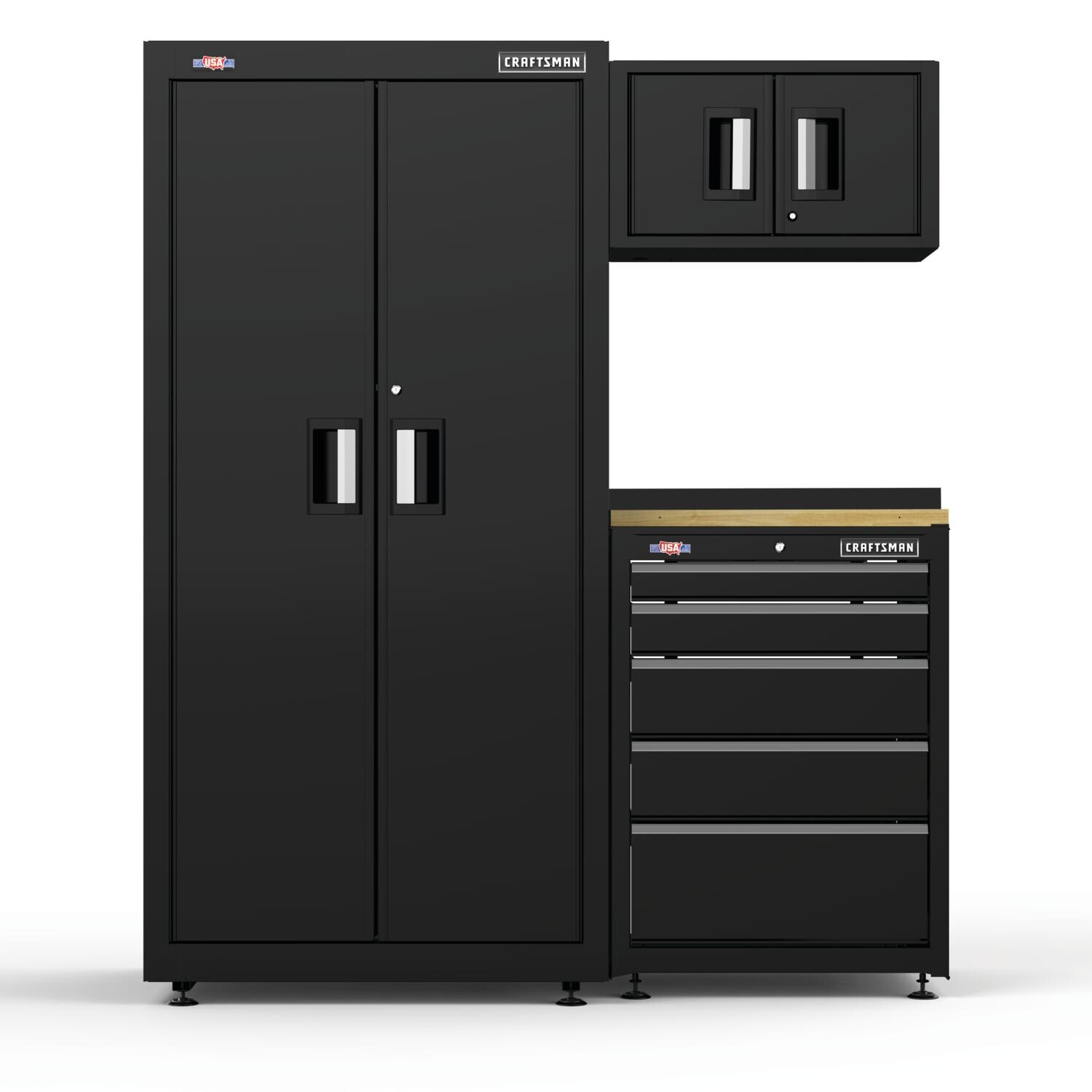 Sistema de almacenamiento para garaje CRAFTSMAN de acero negro suave con 2 gabinetes de 62.75 pulgadas de ancho x 74 pulgadas de alto x 21.5 pulgadas de profundidad CMST98240BK