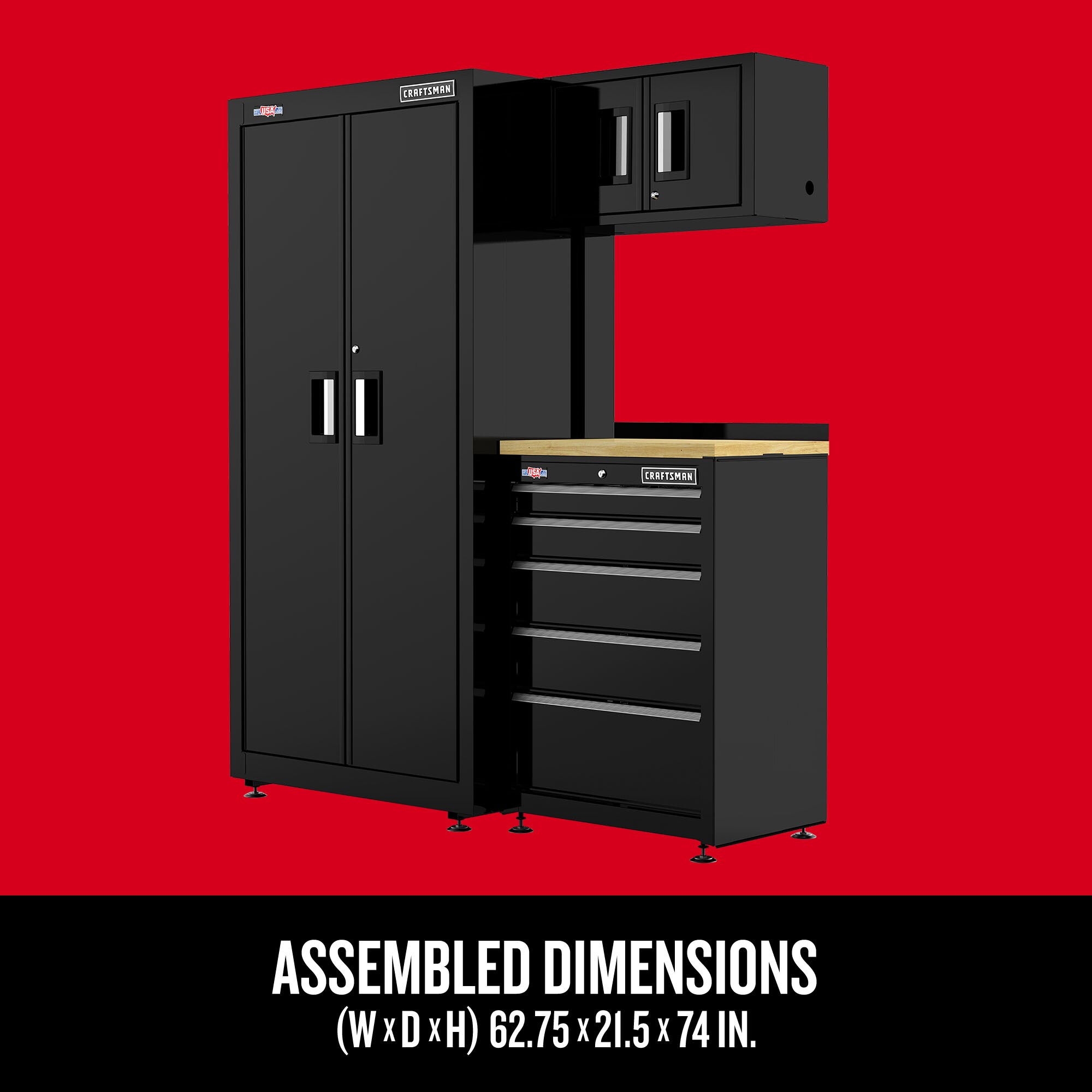 Sistema de almacenamiento para garaje CRAFTSMAN de acero negro suave con 2 gabinetes de 62.75 pulgadas de ancho x 74 pulgadas de alto x 21.5 pulgadas de profundidad CMST98240BK