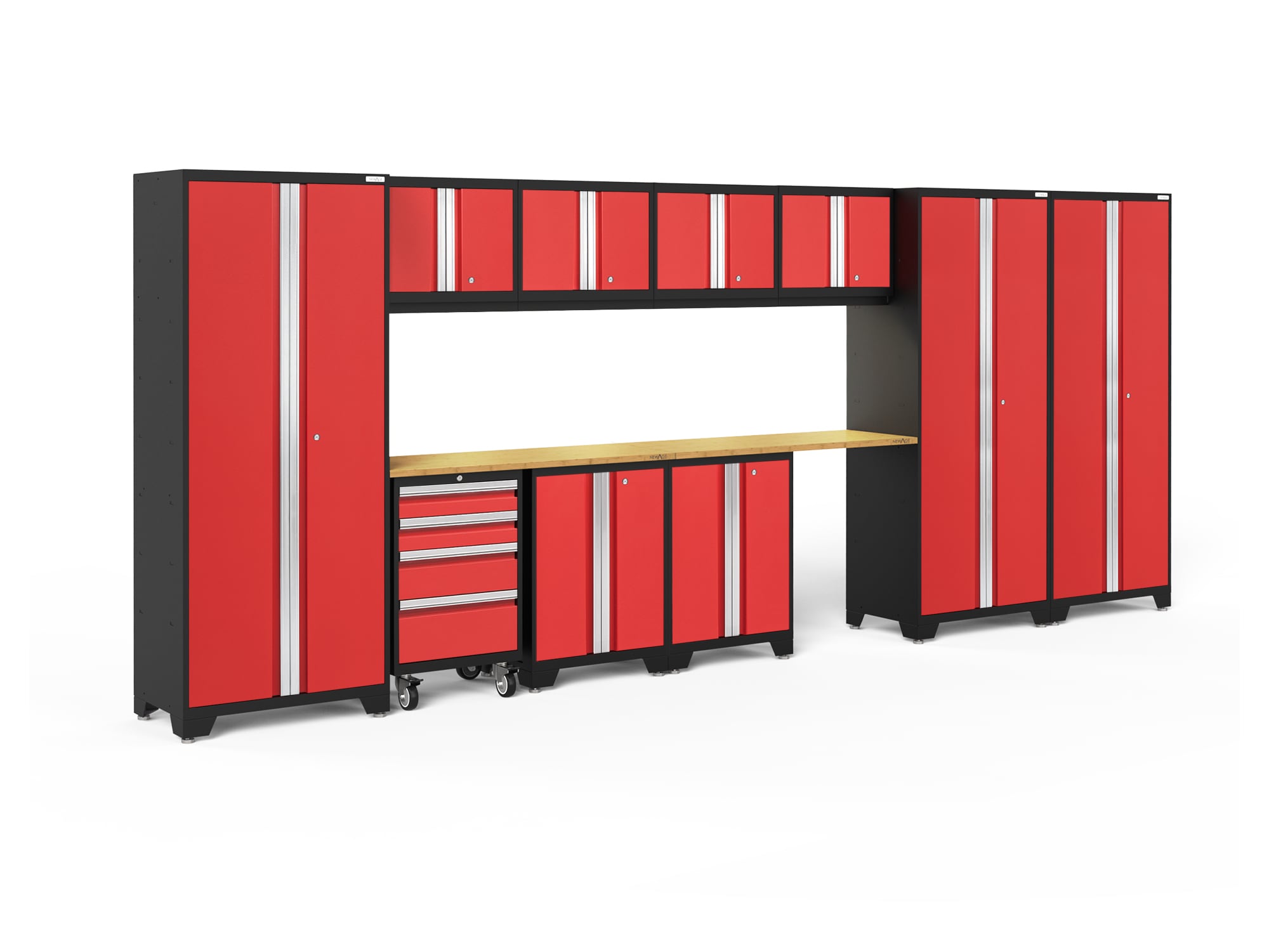 Sistema de almacenamiento para garaje de acero rojo profundo de 10 gabinetes NewAge Products de 186.0 pulgadas de ancho x 76.75 pulgadas de alto x 18.0 pulgadas de profundidad 50637