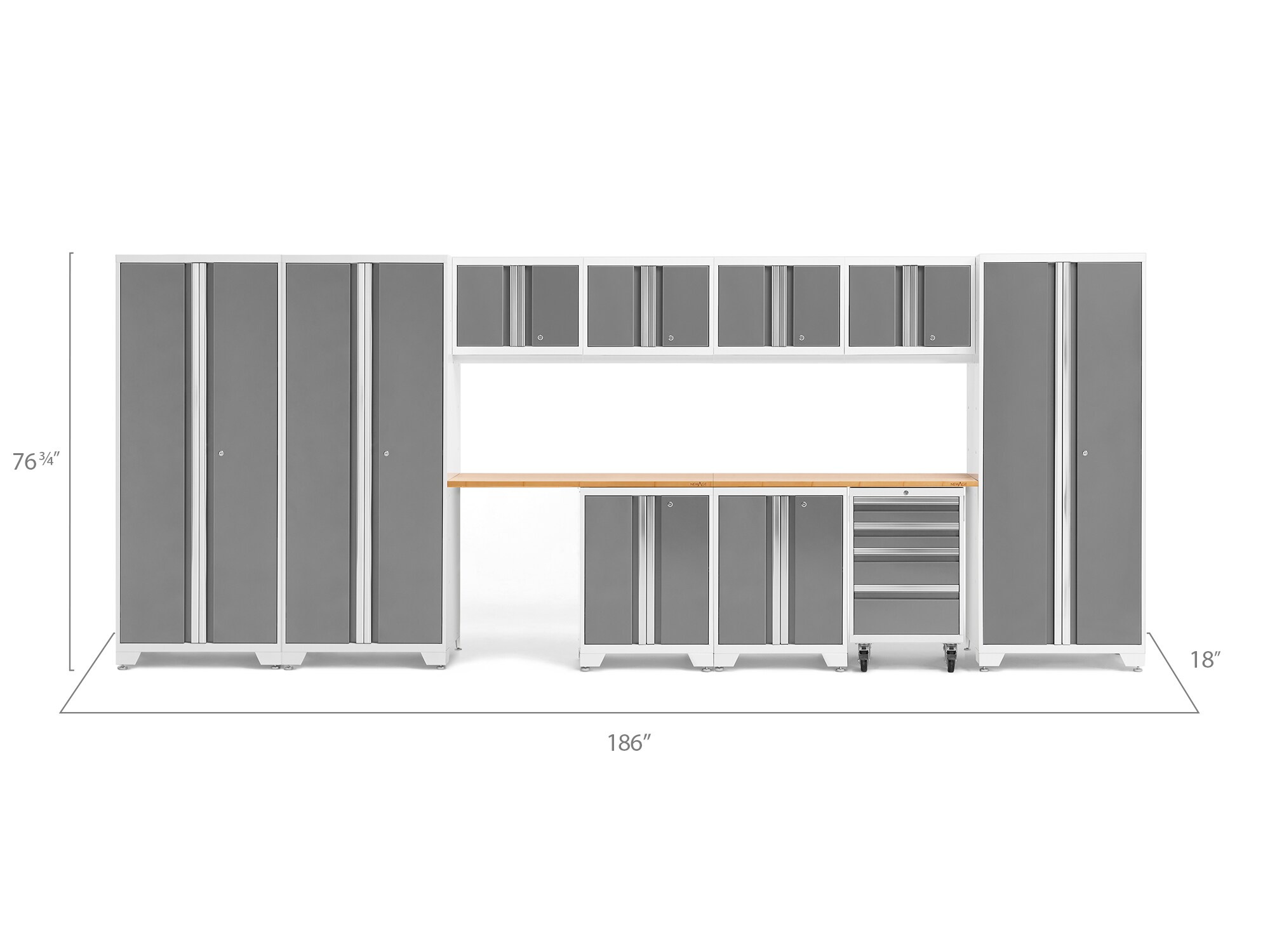 Sistema de almacenamiento para garaje de acero, color gris carbón, con 10 gabinetes de 186.0 pulgadas de ancho x 76.75 pulgadas de alto x 18.0 pulgadas de profundidad - Producto 50437 de NewAge Products
