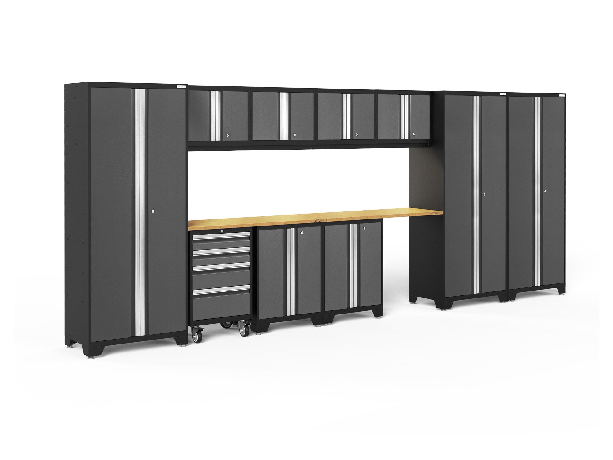 Sistema de almacenamiento para garaje de acero, color gris carbón, con 10 gabinetes de 186.0 pulgadas de ancho x 76.75 pulgadas de alto x 18.0 pulgadas de profundidad - Producto 50437 de NewAge Products