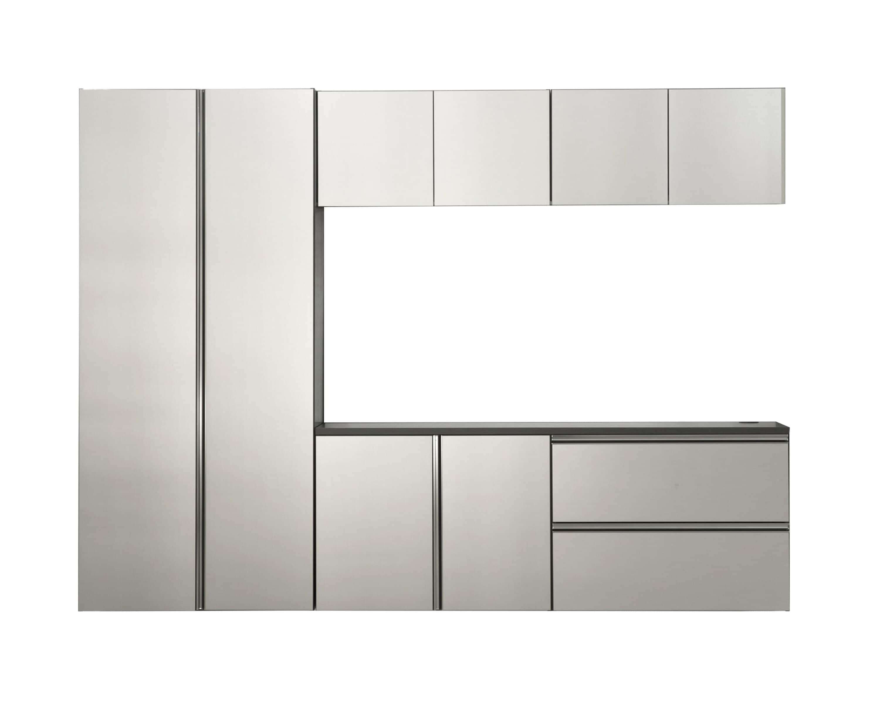 Sistema de almacenamiento para garaje en gris de madera compuesta con 5 gabinetes de Klair Living de 96 pulgadas de ancho x 70.8 pulgadas de alto x 19.6 pulgadas de profundidad NOVA-AB2CD