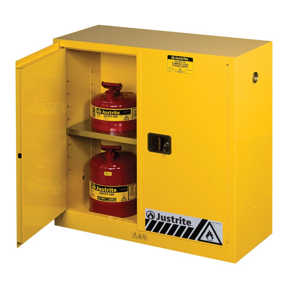 Gabinete de garaje de acero independiente Justrite de 43 pulgadas de ancho x 44 pulgadas de alto x 18 pulgadas de profundidad en amarillo 893000