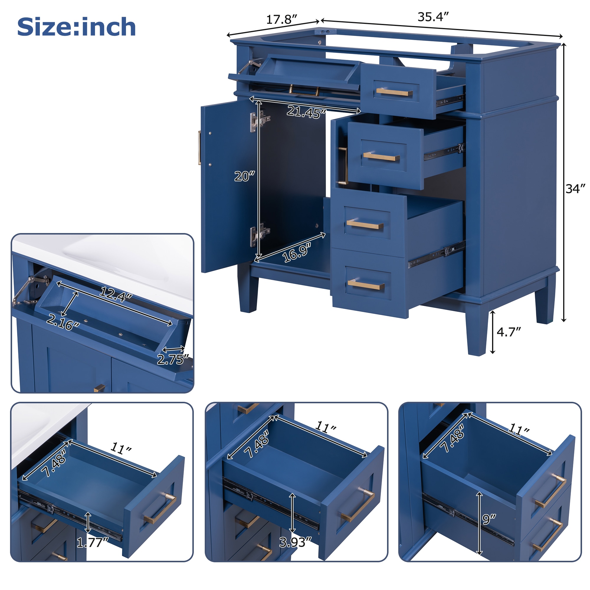 Gabinete de almacenamiento utilitario independiente de madera azul ZAKLOOP de 35.4 pulgadas de ancho x 34 pulgadas de alto XU661S00082