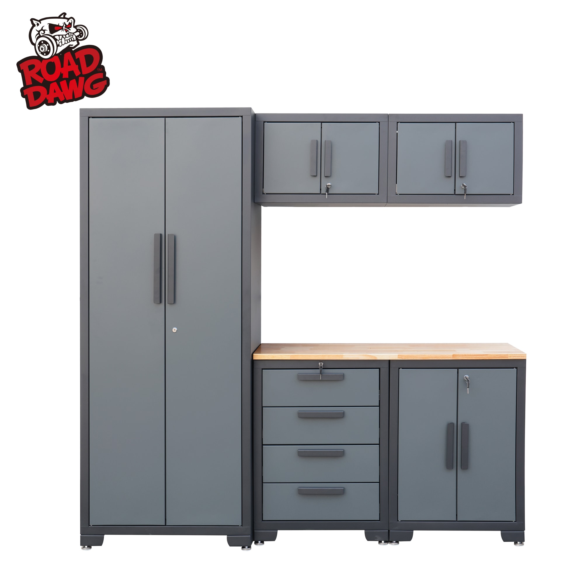 Sistema de almacenamiento para garaje ROAD DAWG 76.8 pulgadas de ancho x 75.98 pulgadas de alto x 18.6 pulgadas de profundidad con 6 gabinetes en color gris acero GSC006PCL