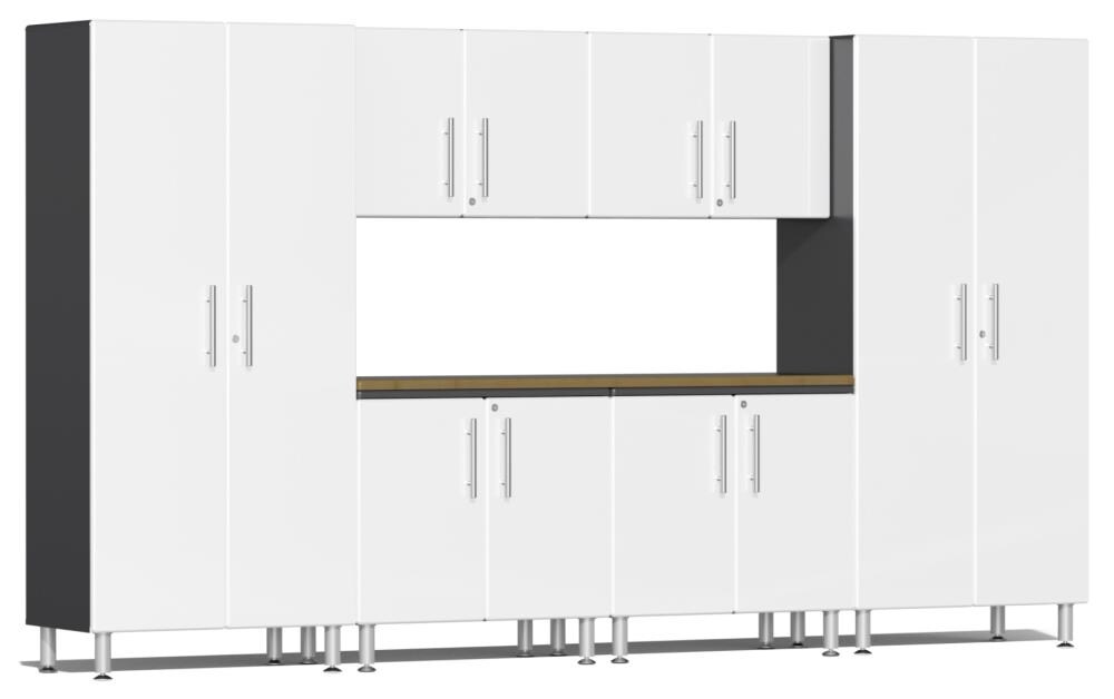 Sistema de Almacenamiento para Garaje en Caja Blanca de Madera Compuesta con Frente Metálico en Gris - 8 Gabinetes Ulti-MATE Garage 141.8 Pulgadas Ancho x 80 Pulgadas Alto x 21 Pulgadas Profundidad UG26072W