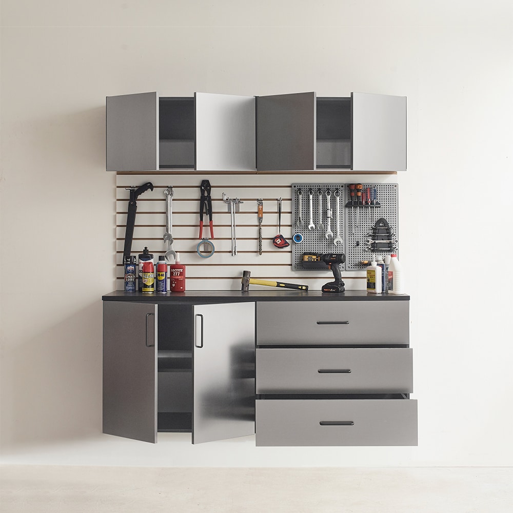 Sistema de almacenamiento para garaje en gris metálico de madera con 4 gabinetes de 64 pulgadas de ancho x 79 pulgadas de alto x 20 pulgadas de profundidad Klair Living AST-B2CD