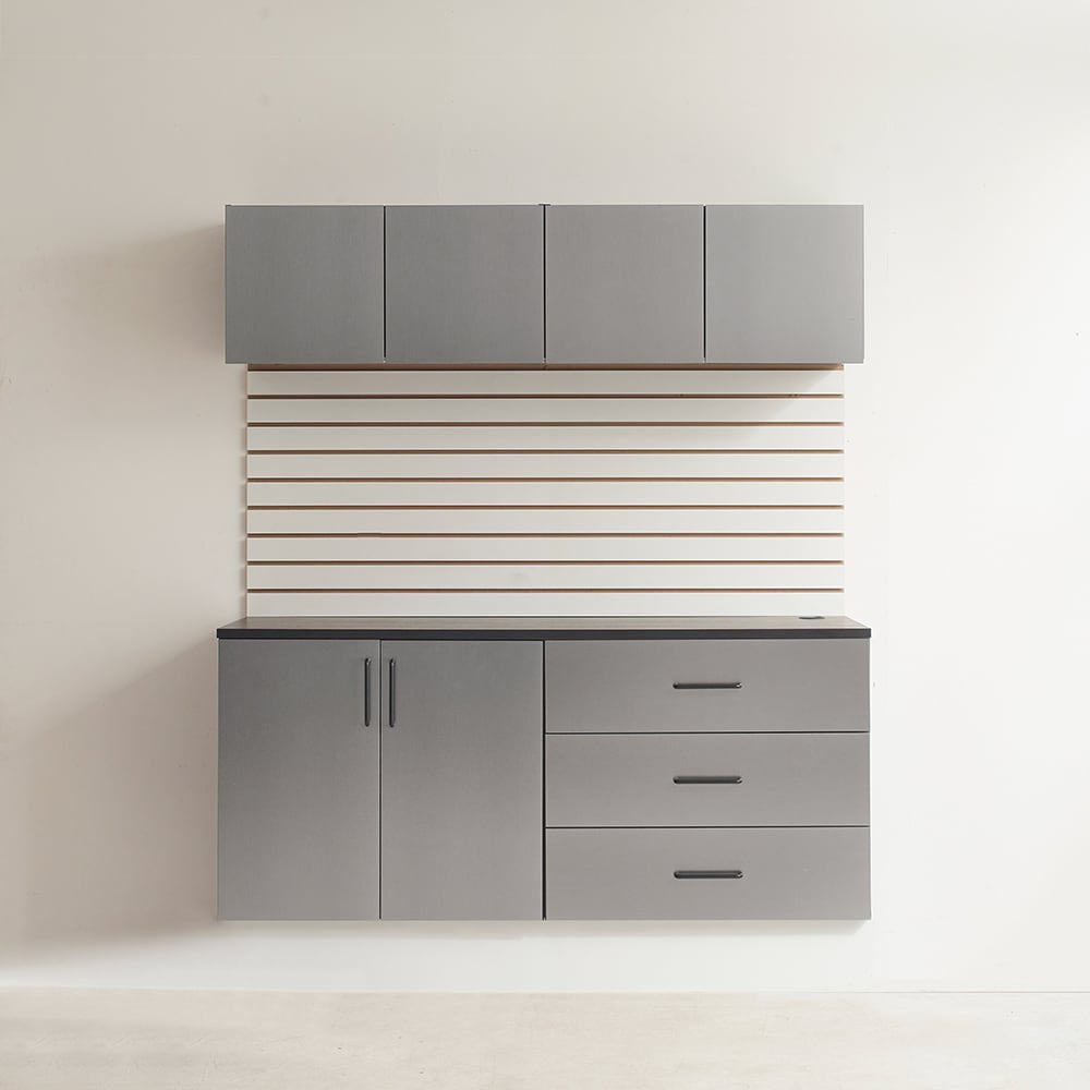 Sistema de almacenamiento para garaje en gris metálico de madera con 4 gabinetes de 64 pulgadas de ancho x 79 pulgadas de alto x 20 pulgadas de profundidad Klair Living AST-B2CD
