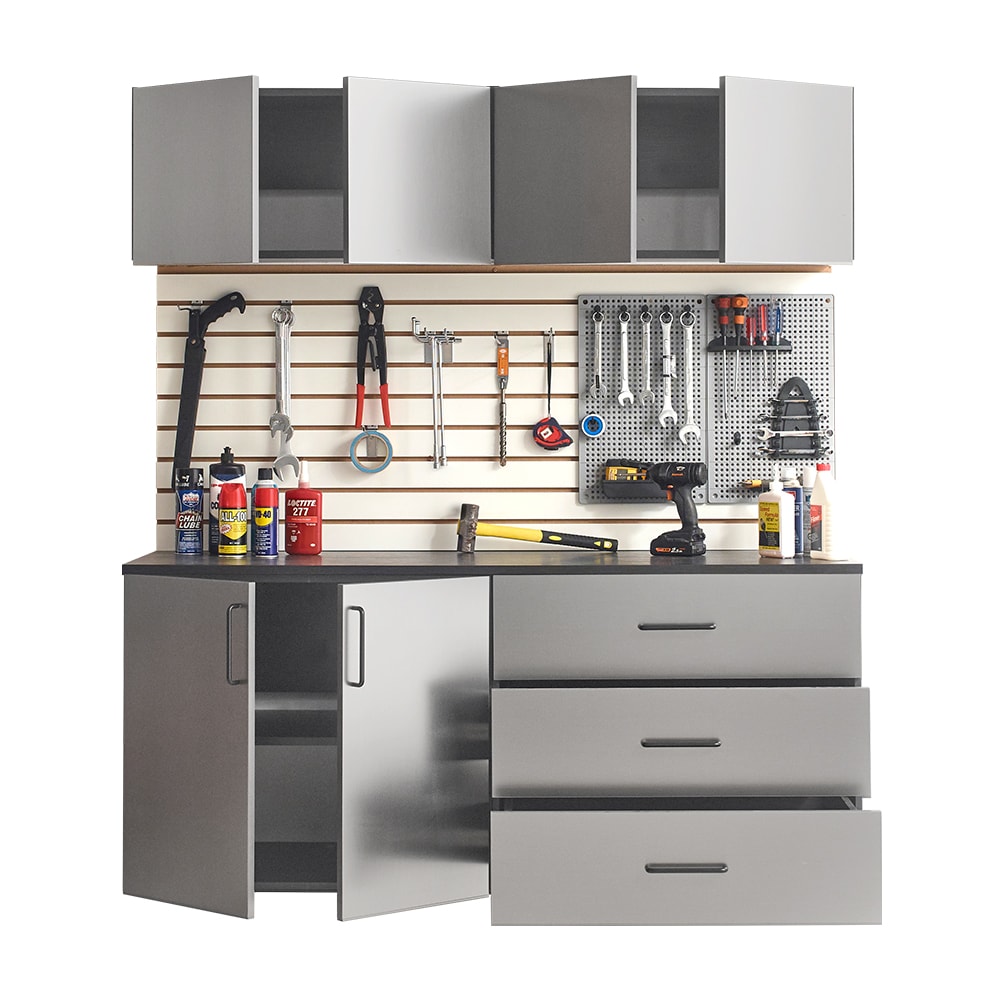 Sistema de almacenamiento para garaje en gris metálico de madera con 4 gabinetes de 64 pulgadas de ancho x 79 pulgadas de alto x 20 pulgadas de profundidad Klair Living AST-B2CD