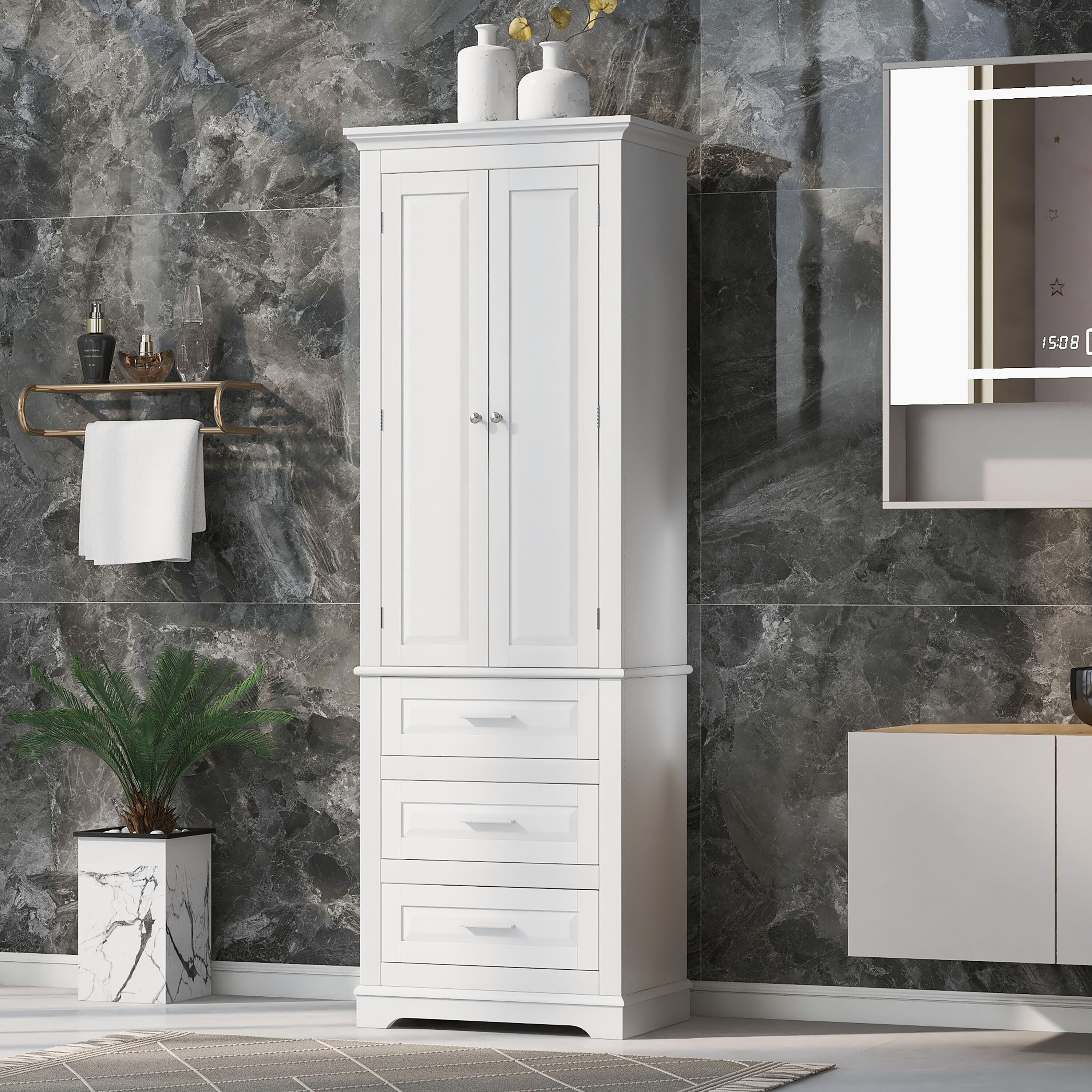 Gabinete de almacenamiento de utilidad blanco de 15.7 pulgadas de ancho x 70 pulgadas de alto montado en la pared de compuesto de madera ModernLuxe L-WF299282AAK