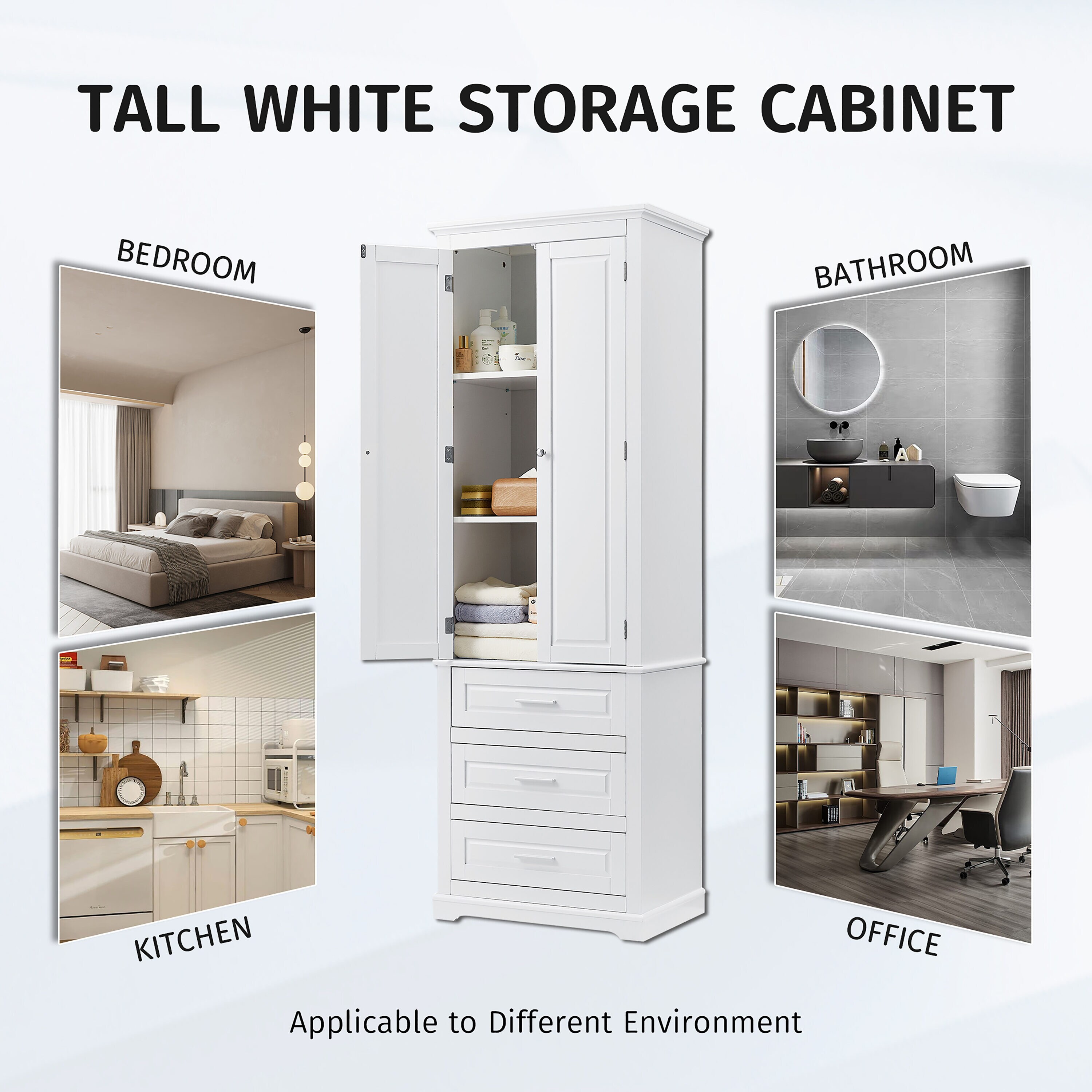Gabinete de almacenamiento de utilidad blanco de 15.7 pulgadas de ancho x 70 pulgadas de alto montado en la pared de compuesto de madera ModernLuxe L-WF299282AAK