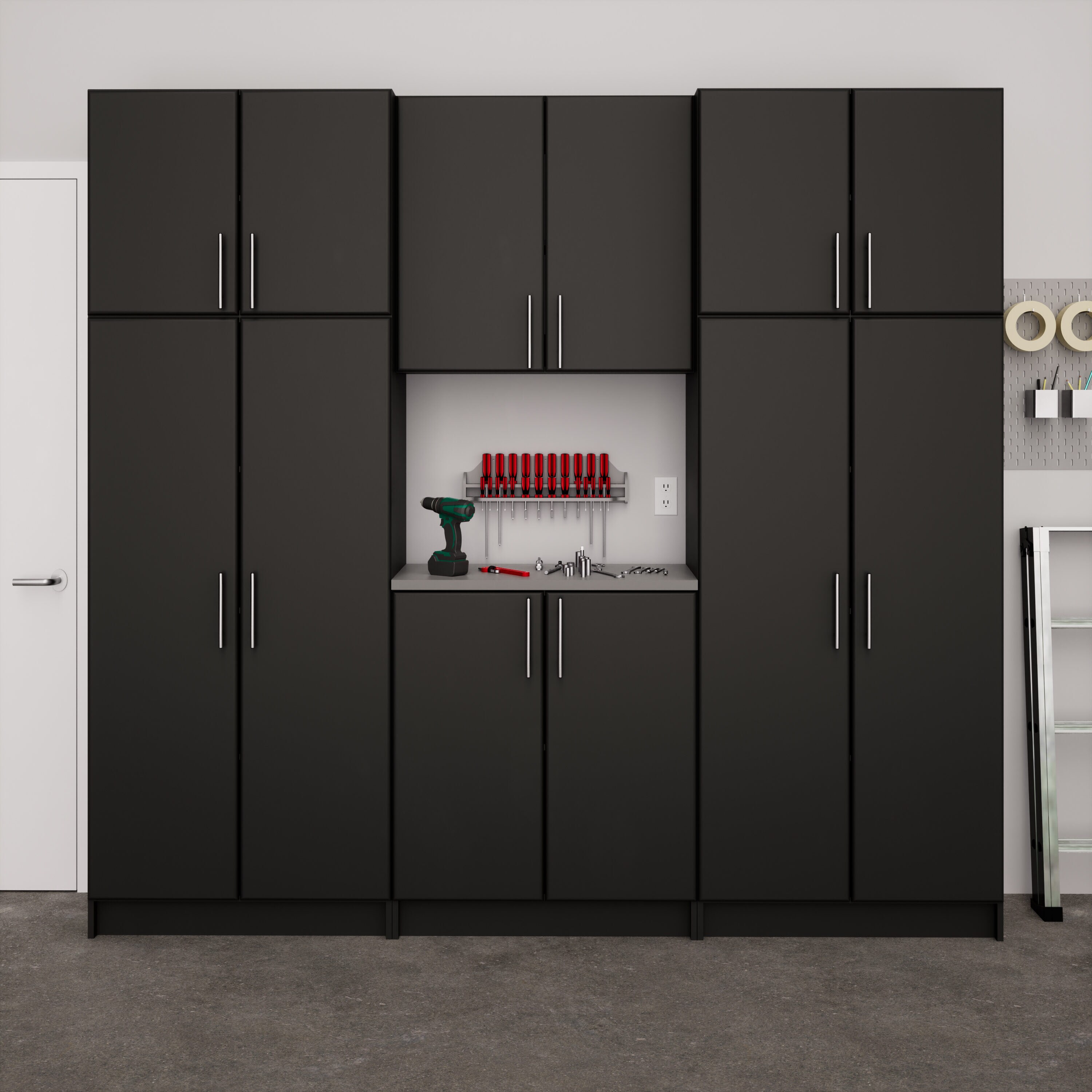 Gabinete de almacenamiento utilitario negro de madera compuesta independiente Prepac Elite de 96 pulgadas de ancho x 89 pulgadas de alto BRSX-1018-6M