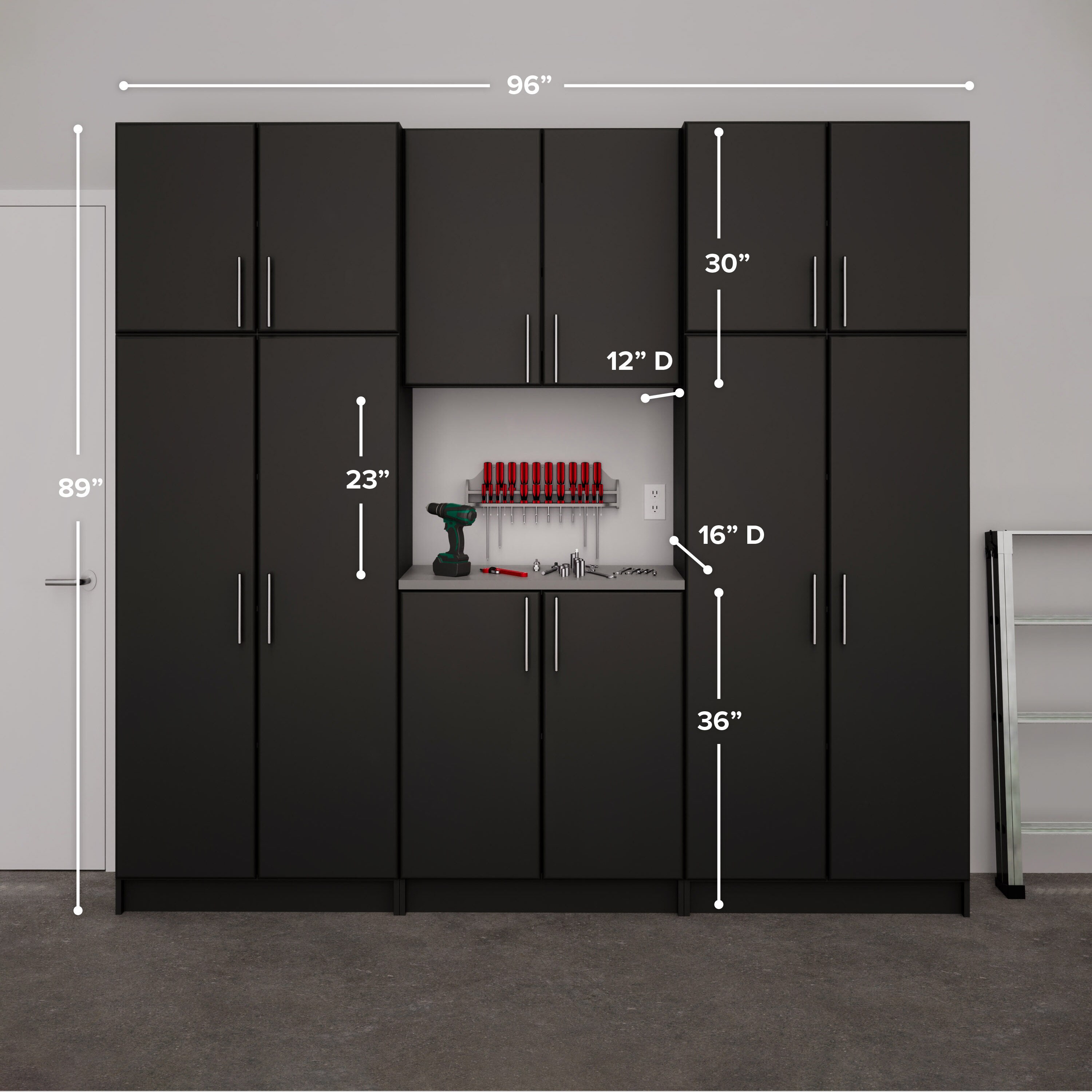 Gabinete de almacenamiento utilitario negro de madera compuesta independiente Prepac Elite de 96 pulgadas de ancho x 89 pulgadas de alto BRSX-1018-6M