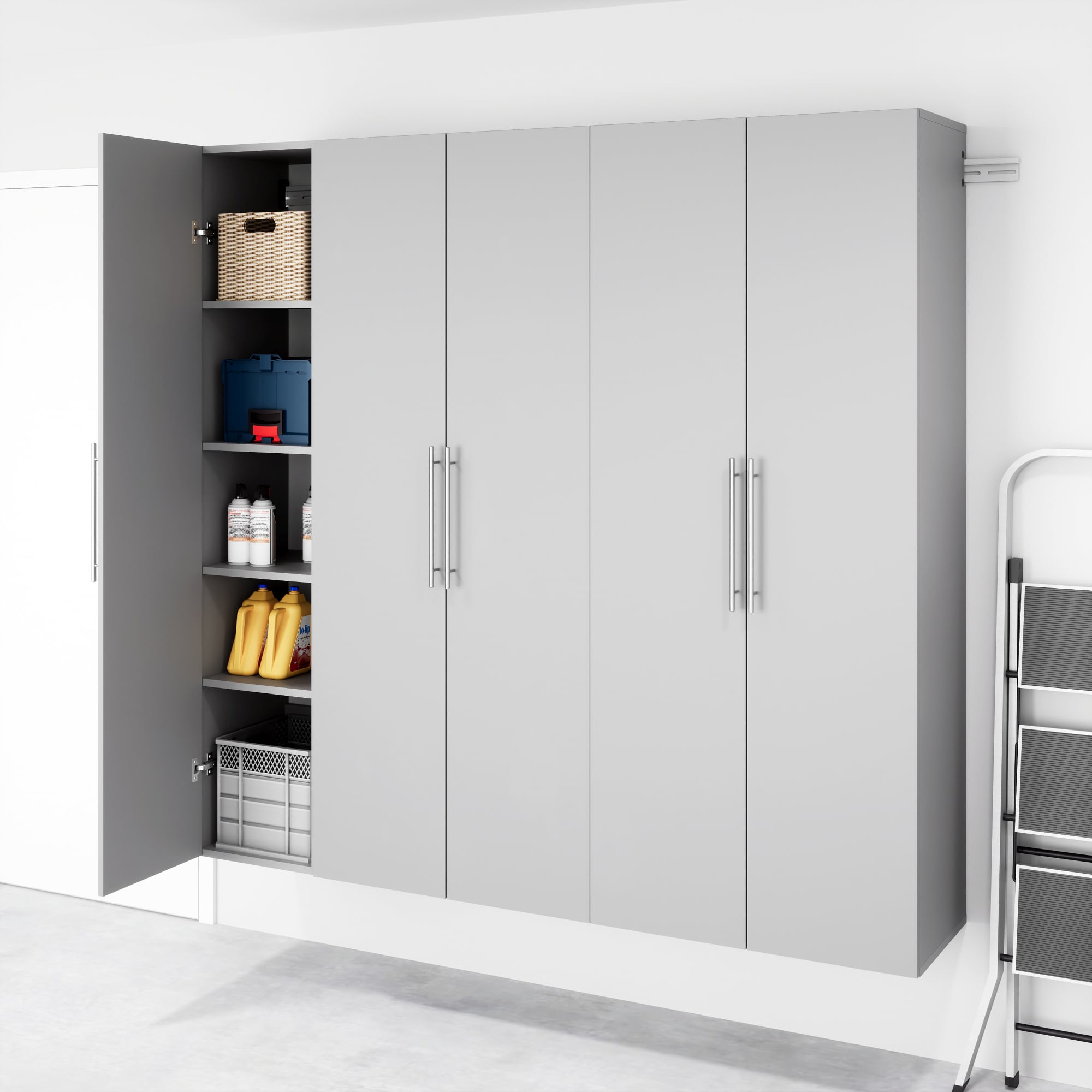 Sistema de almacenamiento para garage en gris claro de madera compuesta de 3 gabinetes Prepac de 75 pulgadas de ancho x 72 pulgadas de alto x 16 pulgadas de profundidad GRGW-0718-3M